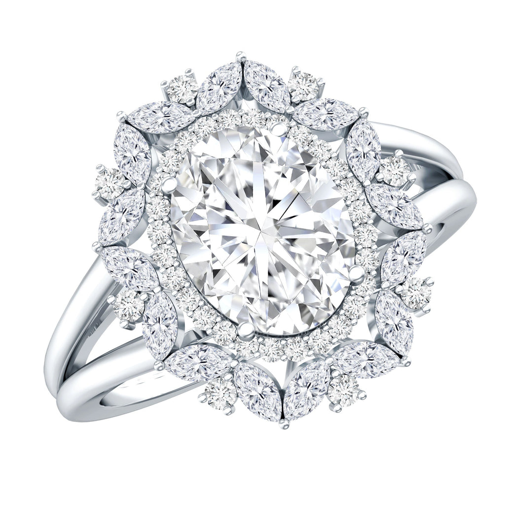 Certified 2 Carat Oval Moissanite Double Halo Engagement Ring