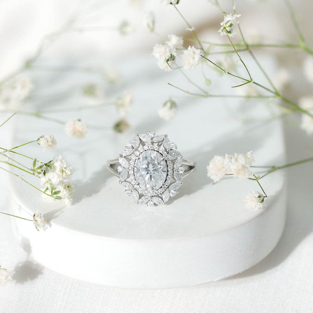 Certified 2 Carat Oval Moissanite Double Halo Engagement Ring