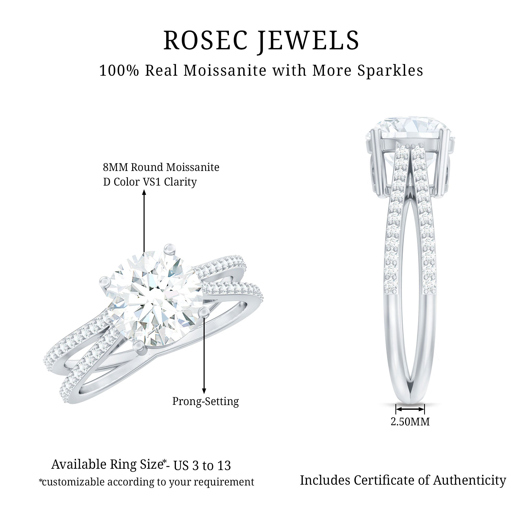 Solitaire Moissanite 2 Carat Engagement Ring with Split Shank