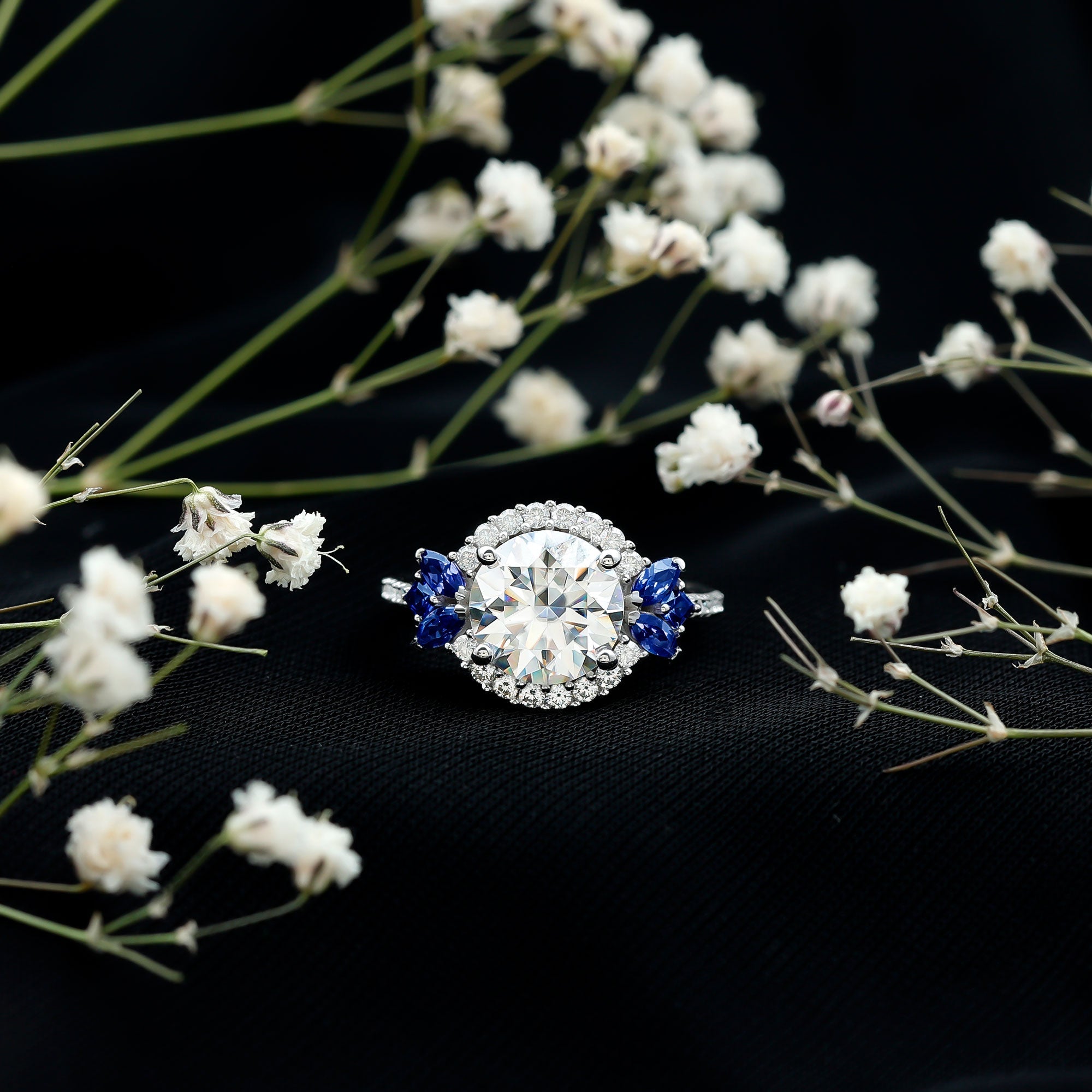 Certified Moissanite 3 Carat Engagement Ring with Lab Grown Blue Sapphire