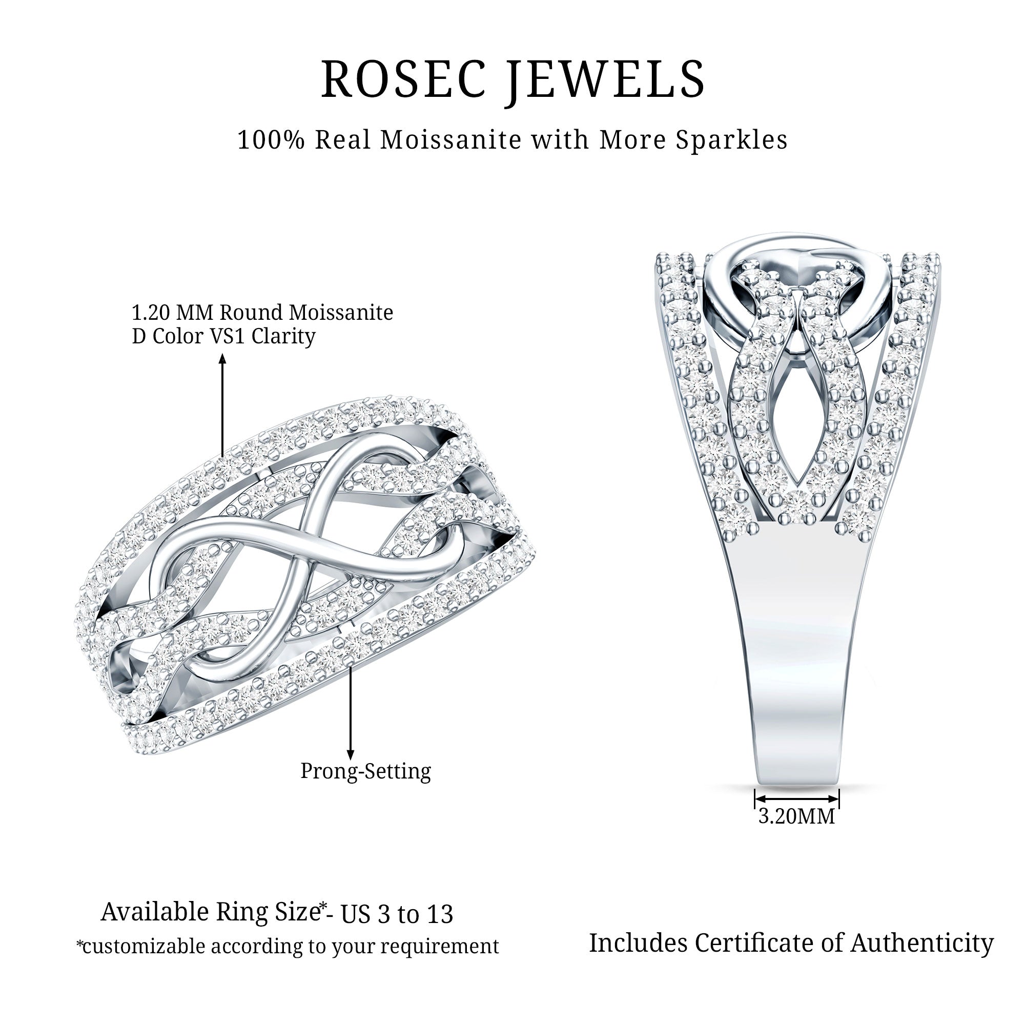 Designer Moissanite Infinity Anniversary Band in Silver