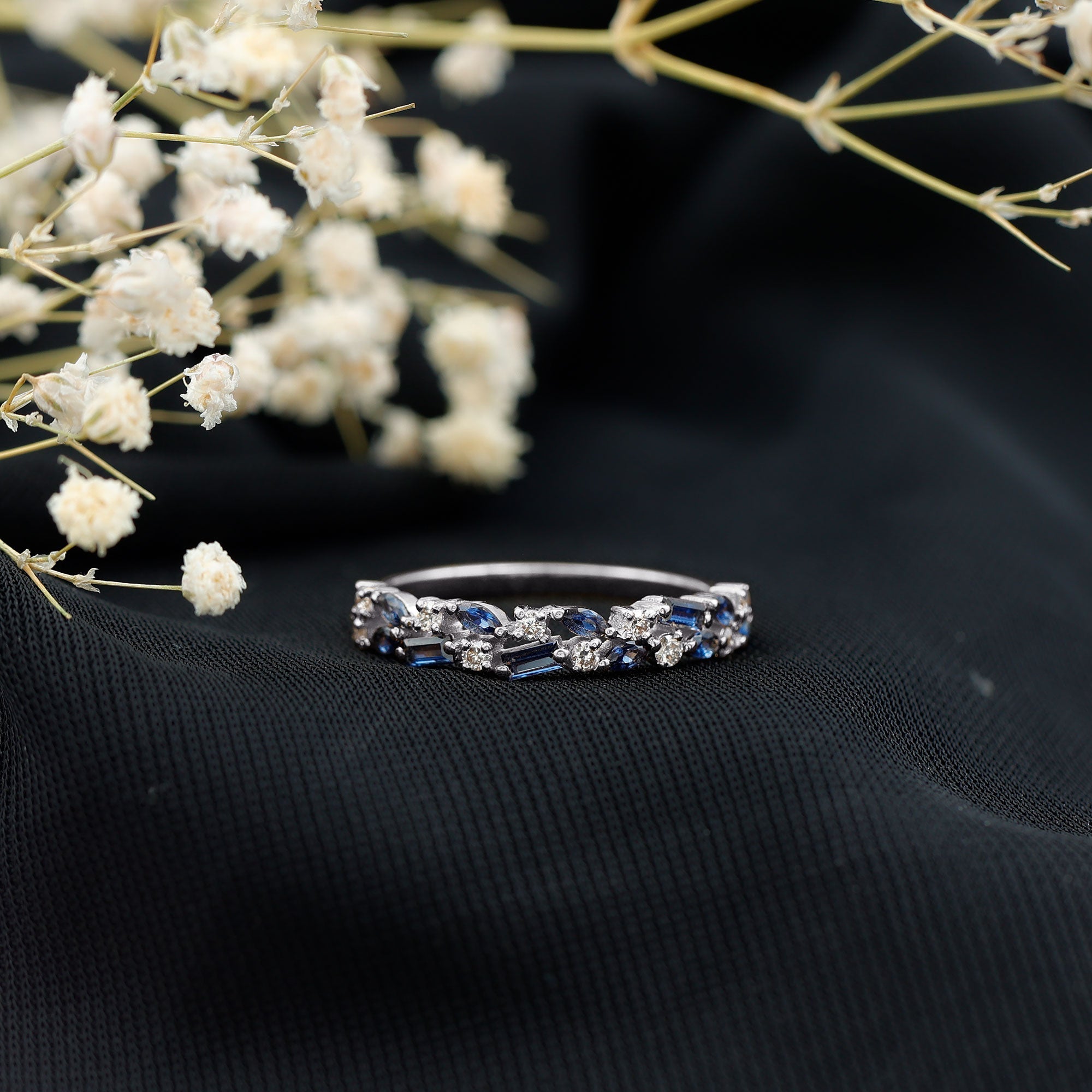 Certified Lab Grown Blue Sapphire Diamond Half Eternity Band Ring