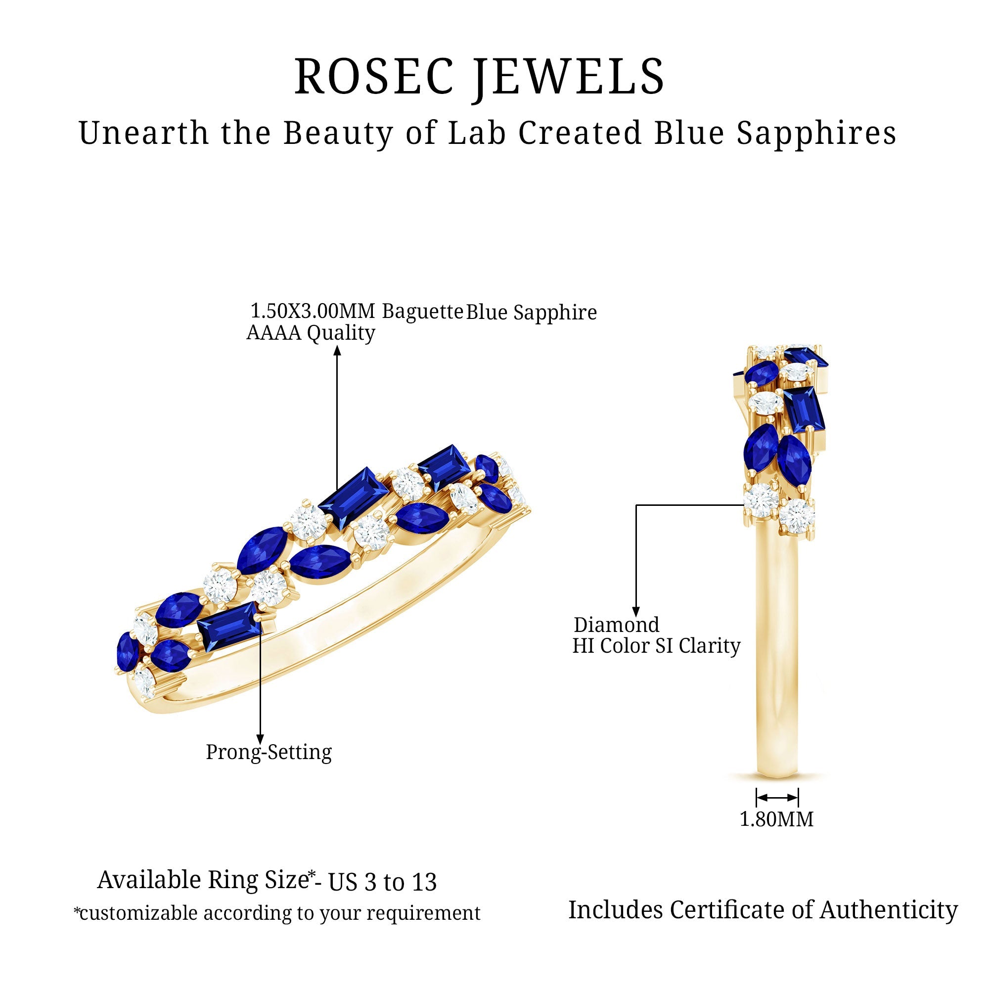 Certified Lab Grown Blue Sapphire Diamond Half Eternity Band Ring