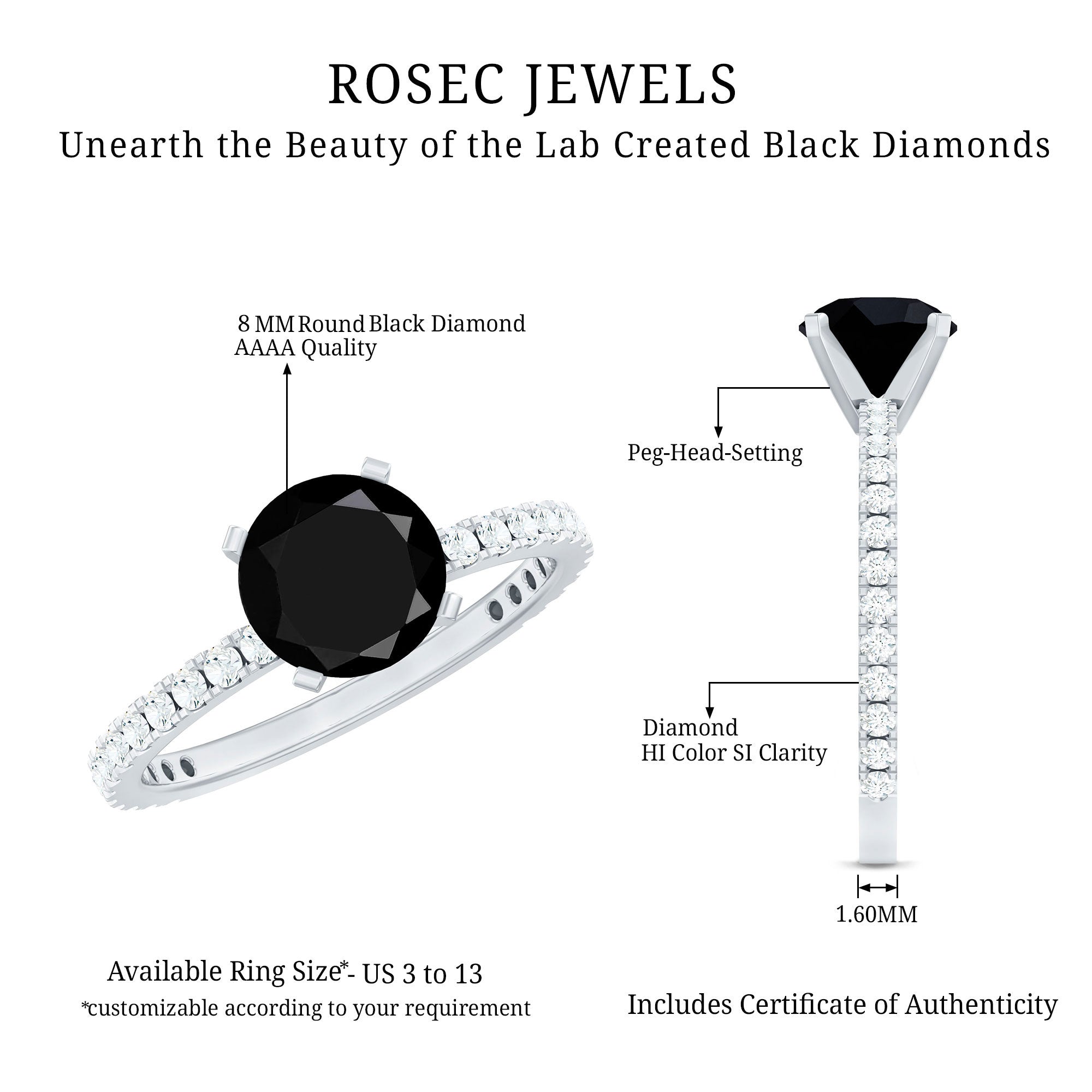 2 Carat Lab Grown Black Diamond Solitaire Engagement Ring with White Diamond