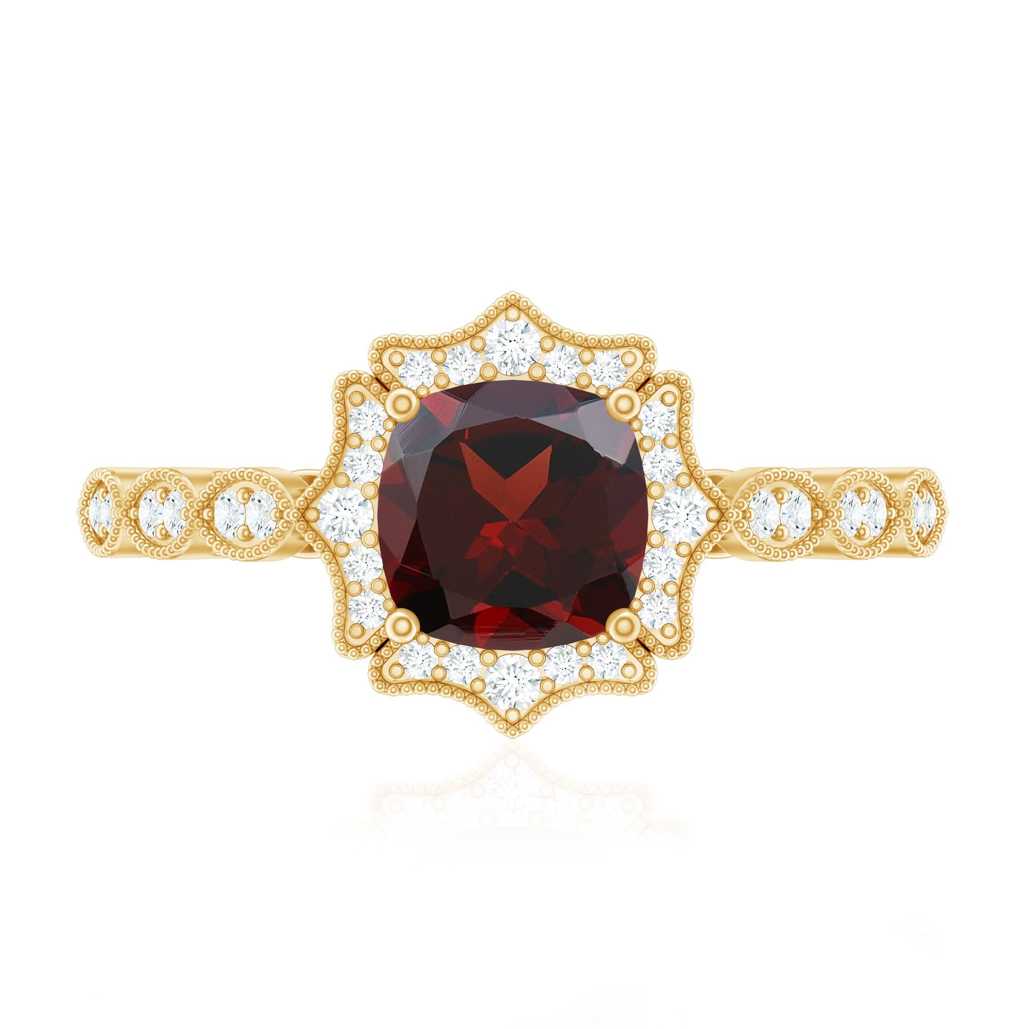 Vintage Looking 3.2 Carat Garnet Cushion Cut Engagement Ring with Diamond