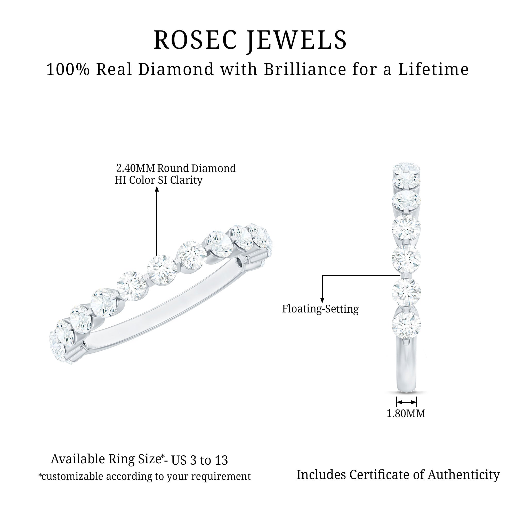 Round Shape Floating Diamond Half Eternity Ring