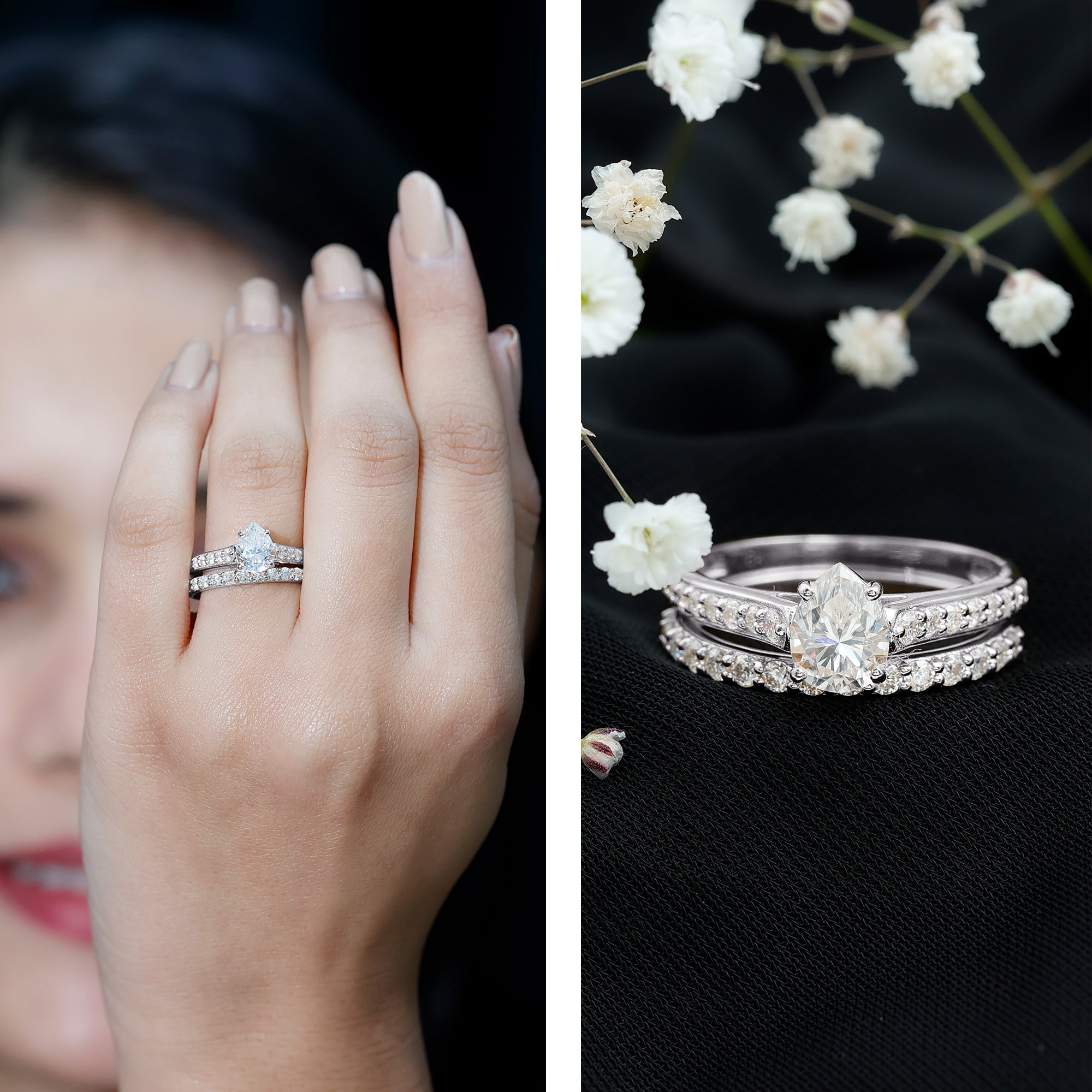 Certified 1 Carat Moissanite Pear Shaped Engagement Ring with Enhancer