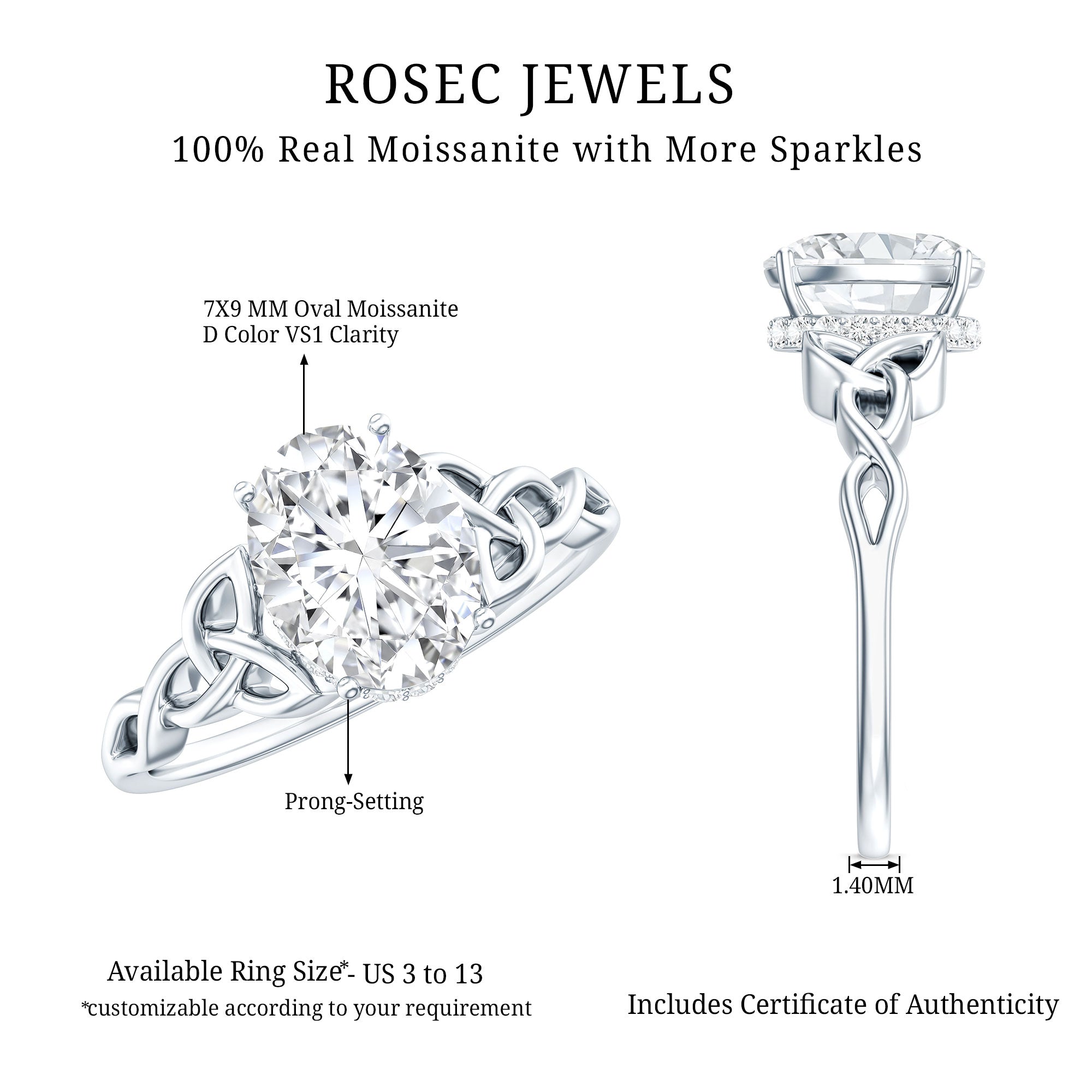 Certified 2 Carat Moissanite Hidden Halo Engagement Ring with Celtic Knot
