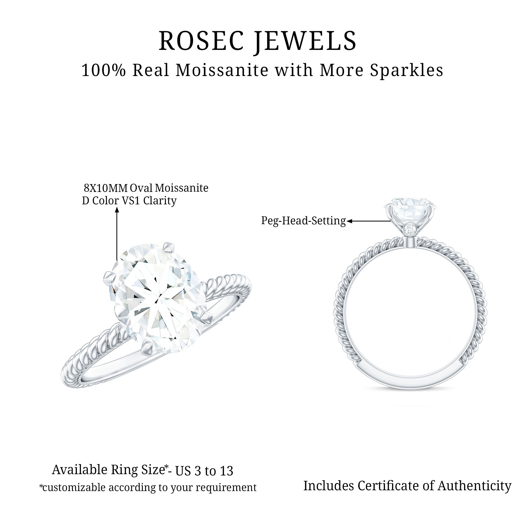 Oval Shape Moissanite Solitaire Engagement Ring with Twisted Rope