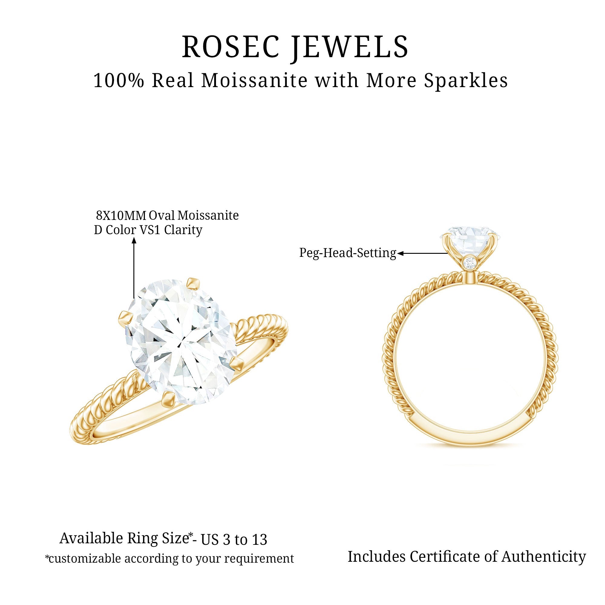 Oval Shape Moissanite Solitaire Engagement Ring with Twisted Rope