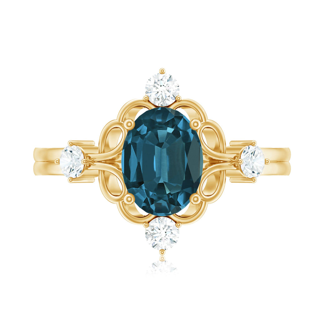 Art Deco Inspired Blue Topaz Oval Engagement Ring with Diamond