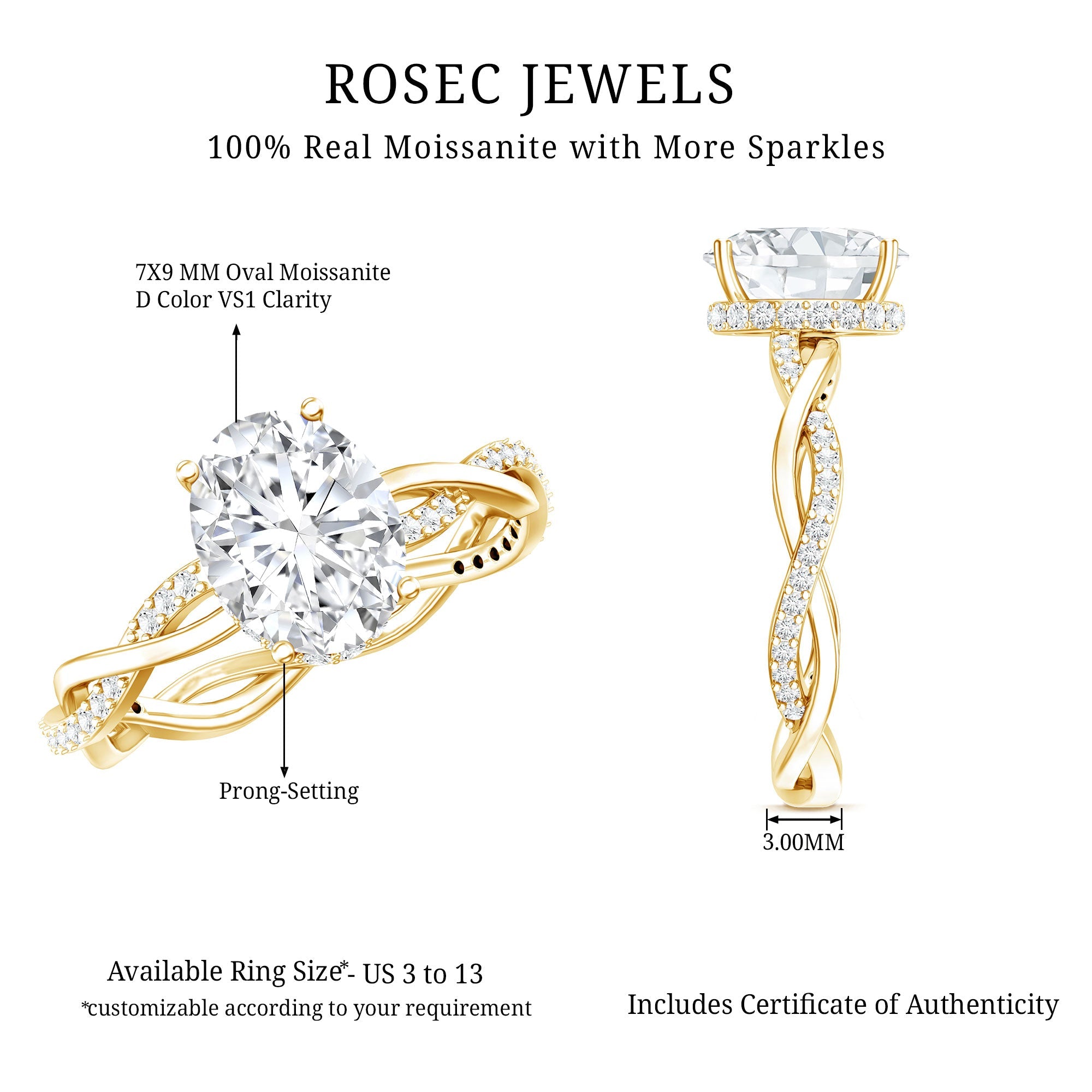 Certified 2 Carat Moissanite Hidden Halo Engagement Ring in Silver