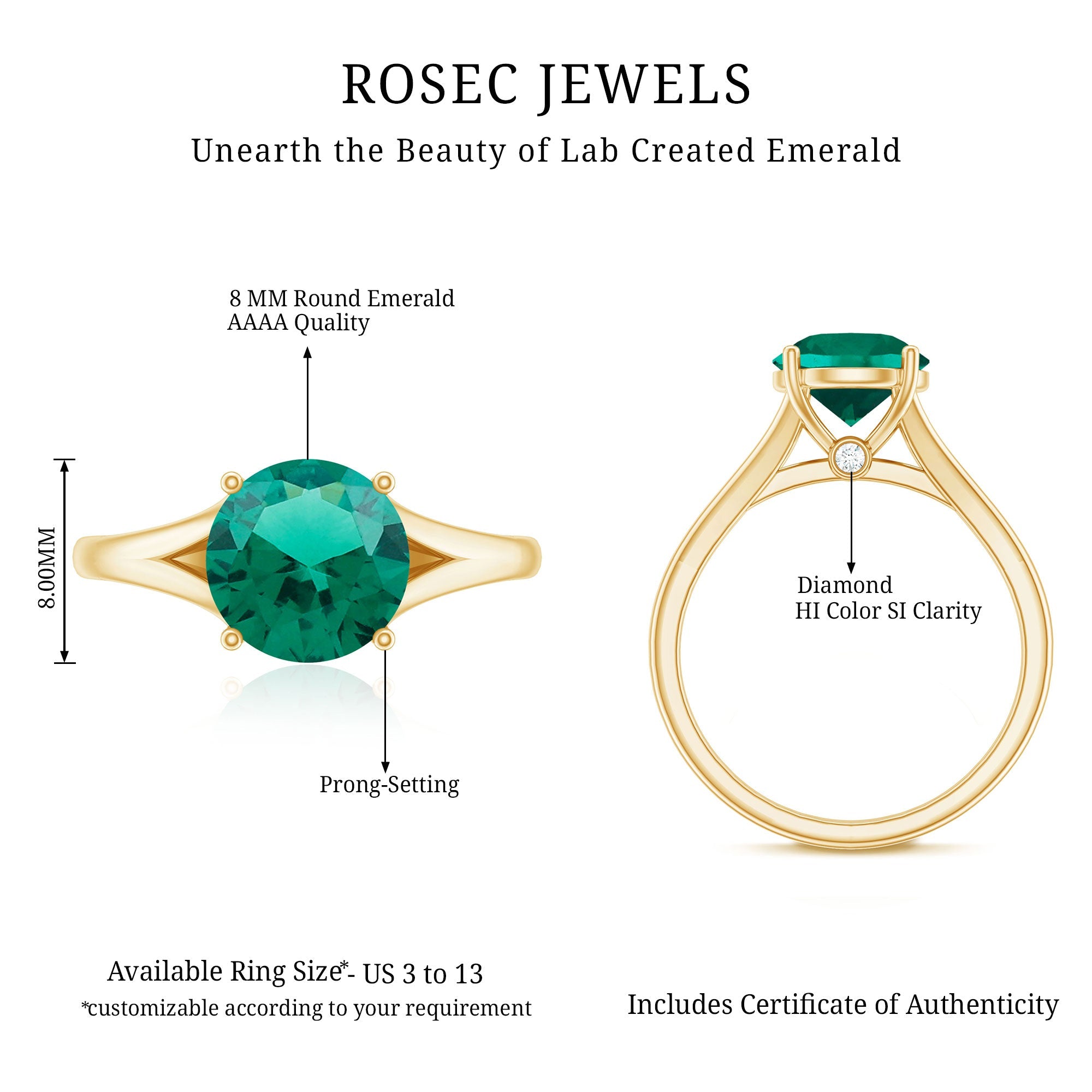 Certified 8 mm Lab Grown Emerald Engagement Ring with Diamond