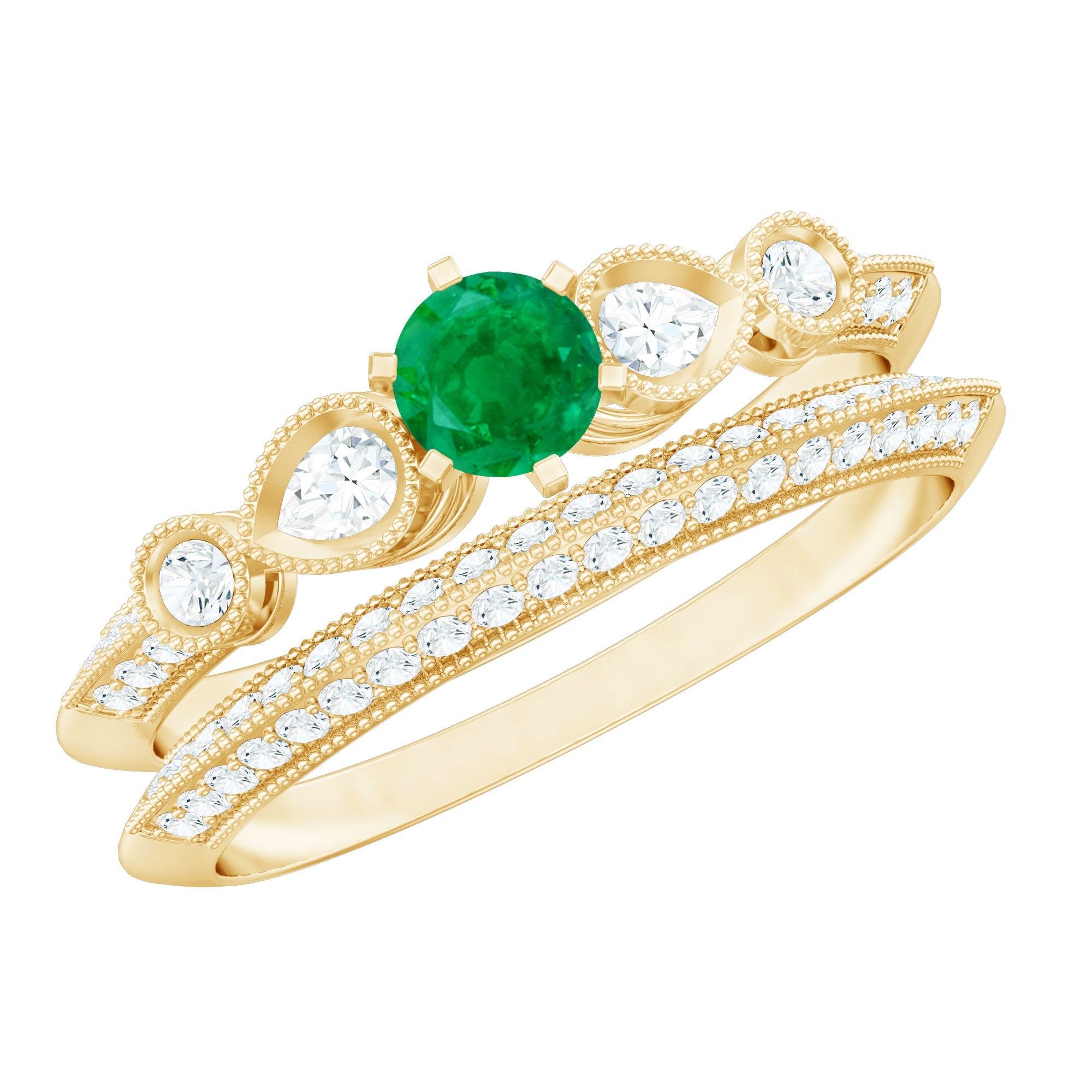 Vintage Looking Emerald Diamond Engagement Wedding Ring Set of 2