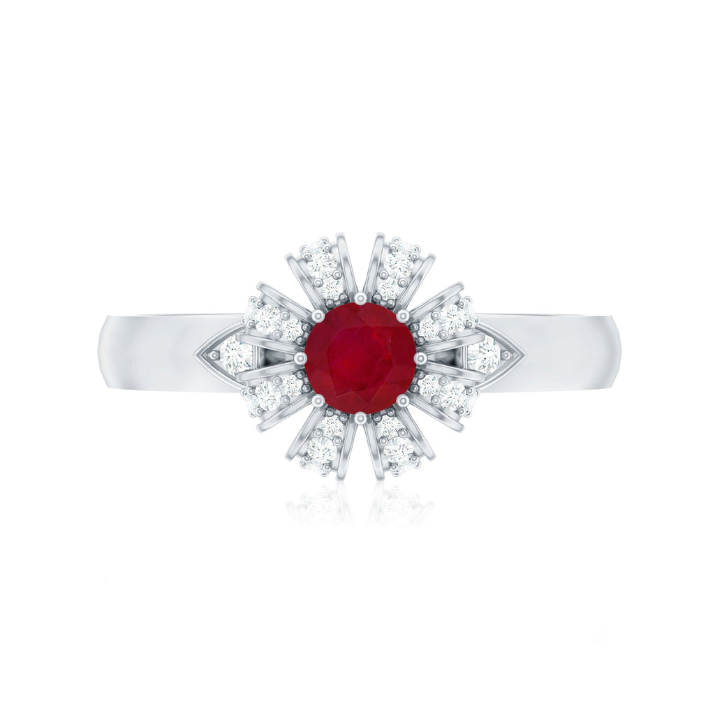 Natural Ruby Flower Promise Ring with Diamond