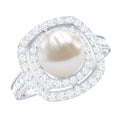 Cultured 3 Carat Freshwater Pearl Double Halo Engagement Ring with Moissanite