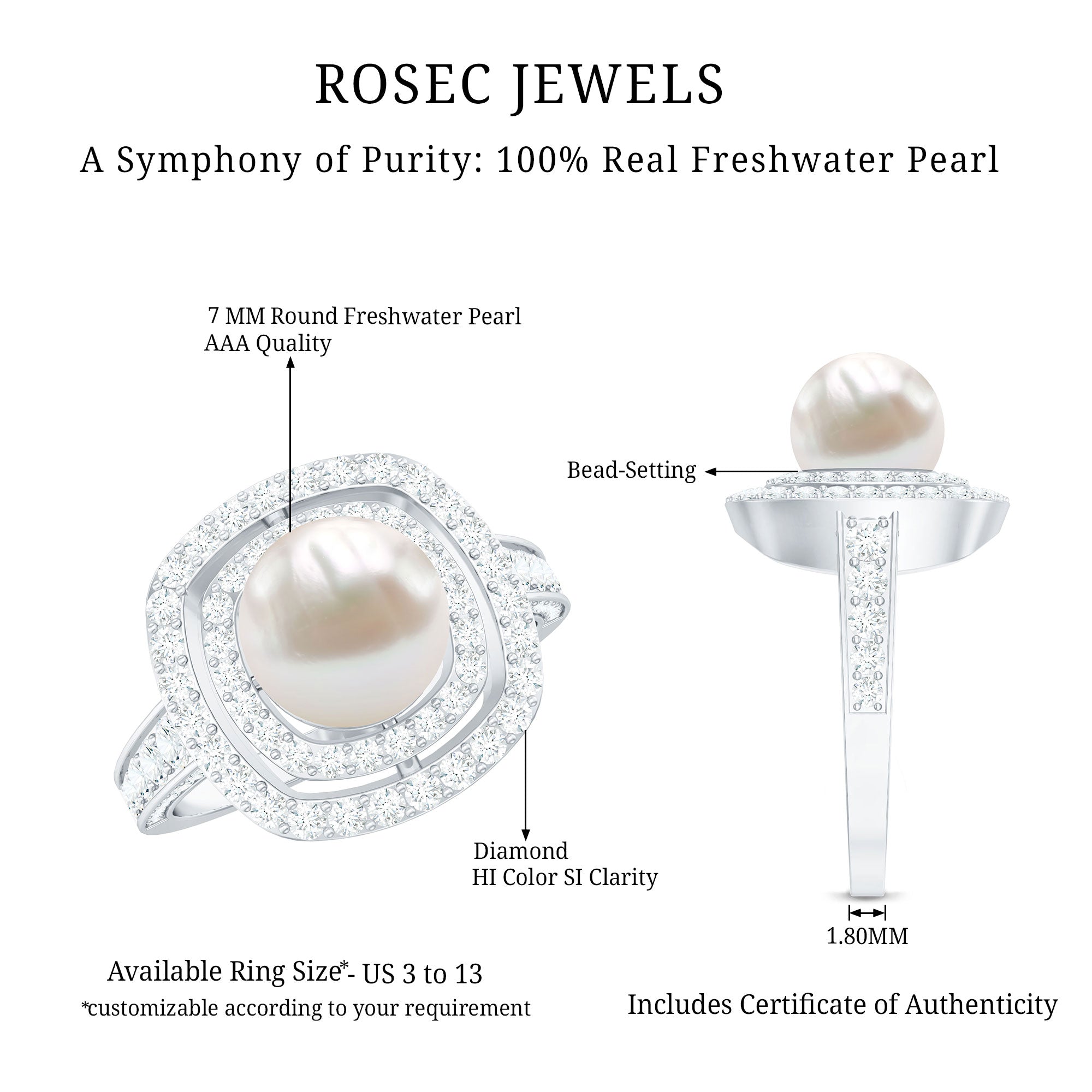 Cultured 3 Carat Freshwater Pearl Double Halo Engagement Ring with Moissanite