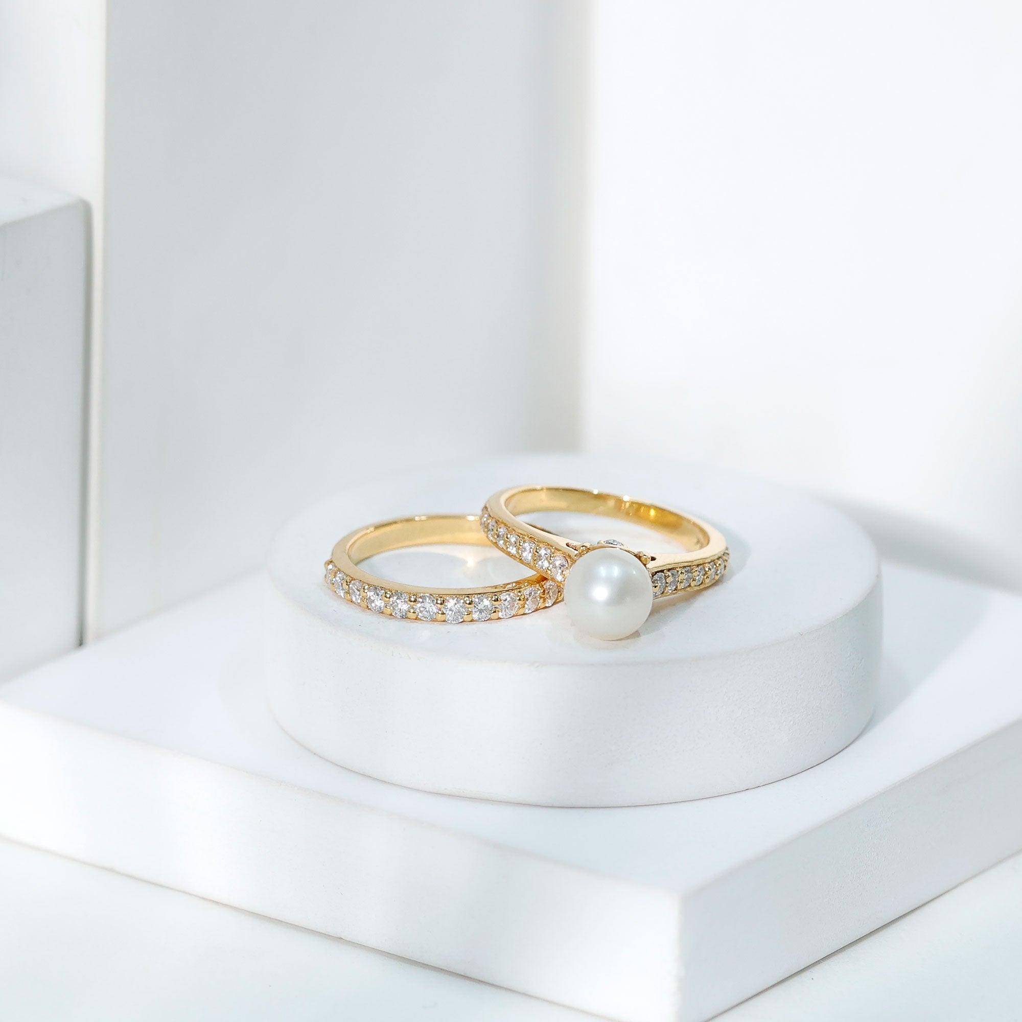 Cultured Freshwater Pearl Wedding Bridal Ring Set with Moissanite