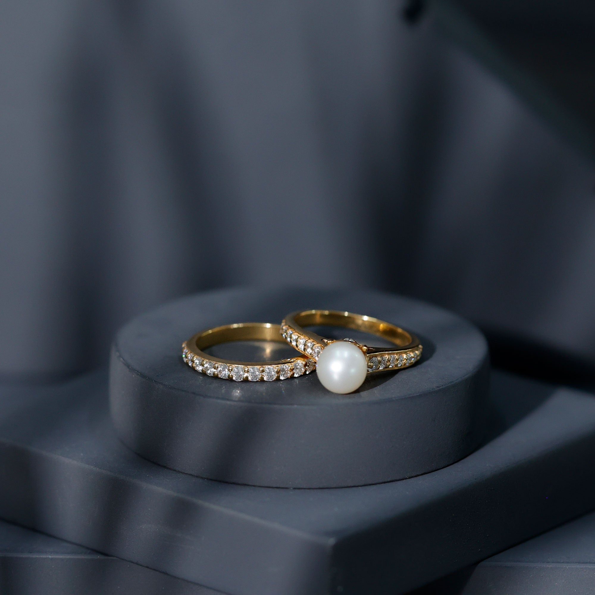 Cultured Freshwater Pearl Wedding Bridal Ring Set with Moissanite