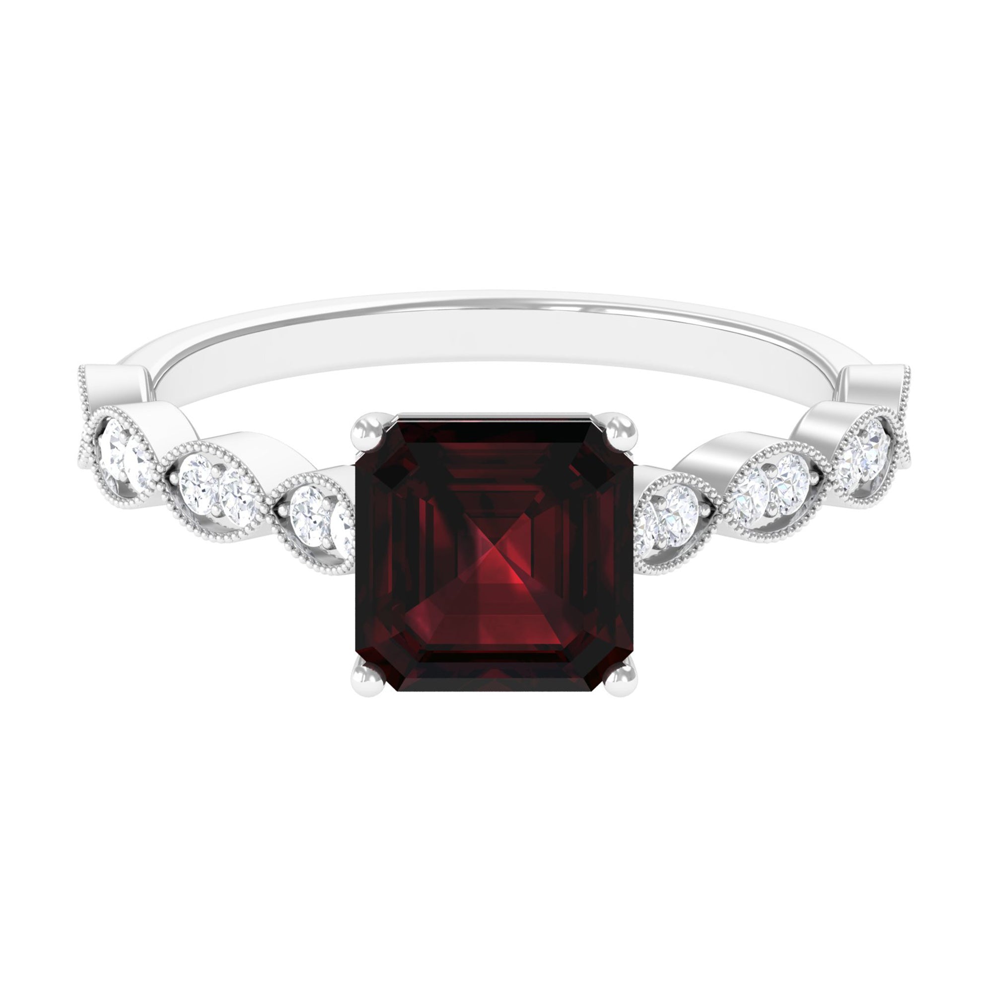 Real 8mm Asscher Cut Garnet Engagement Ring with Diamond