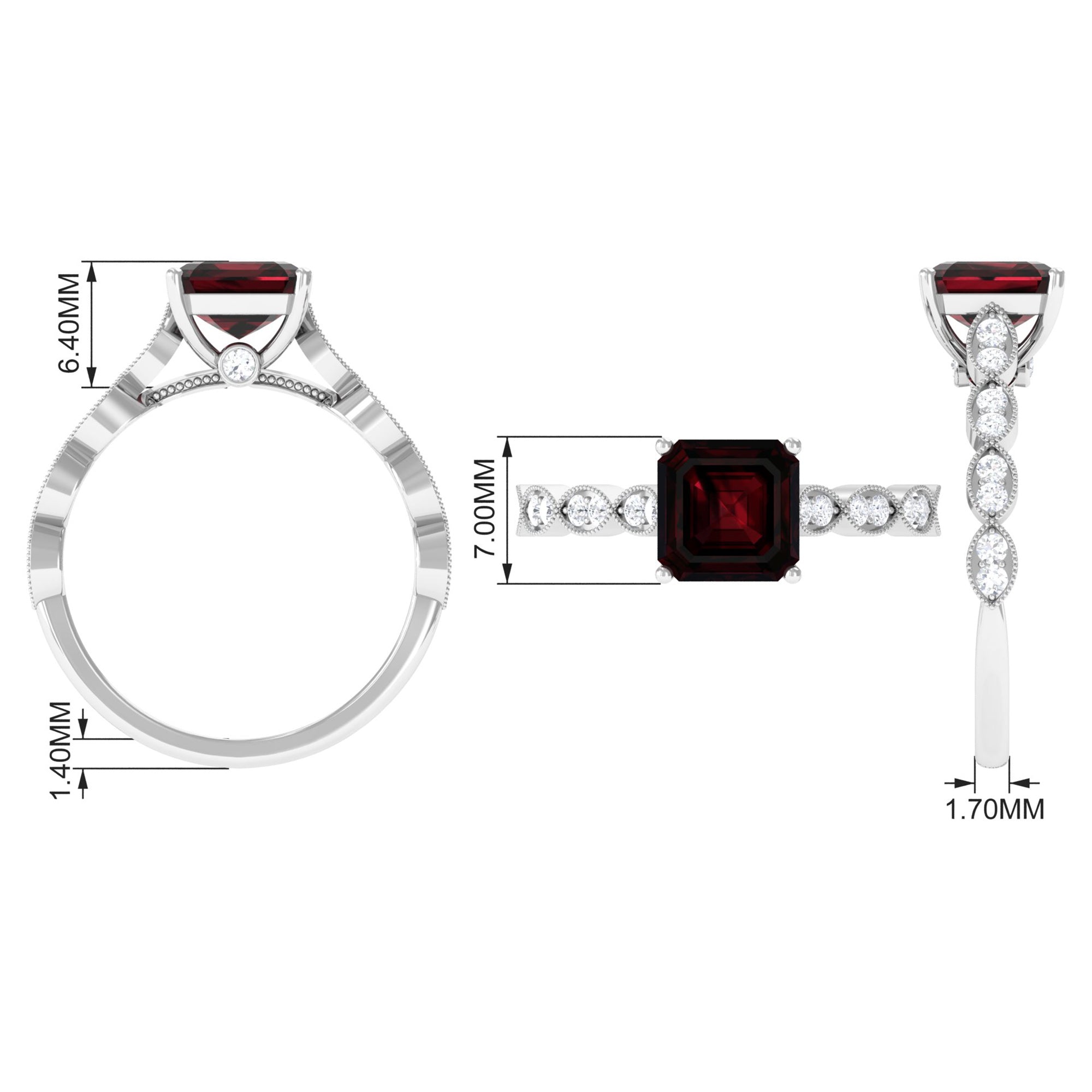 Real 8mm Asscher Cut Garnet Engagement Ring with Diamond