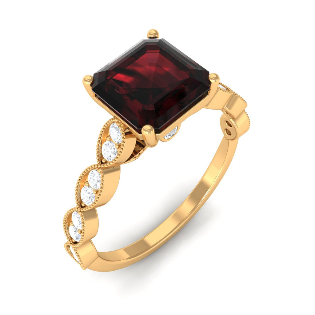 Real 8mm Asscher Cut Garnet Engagement Ring with Diamond