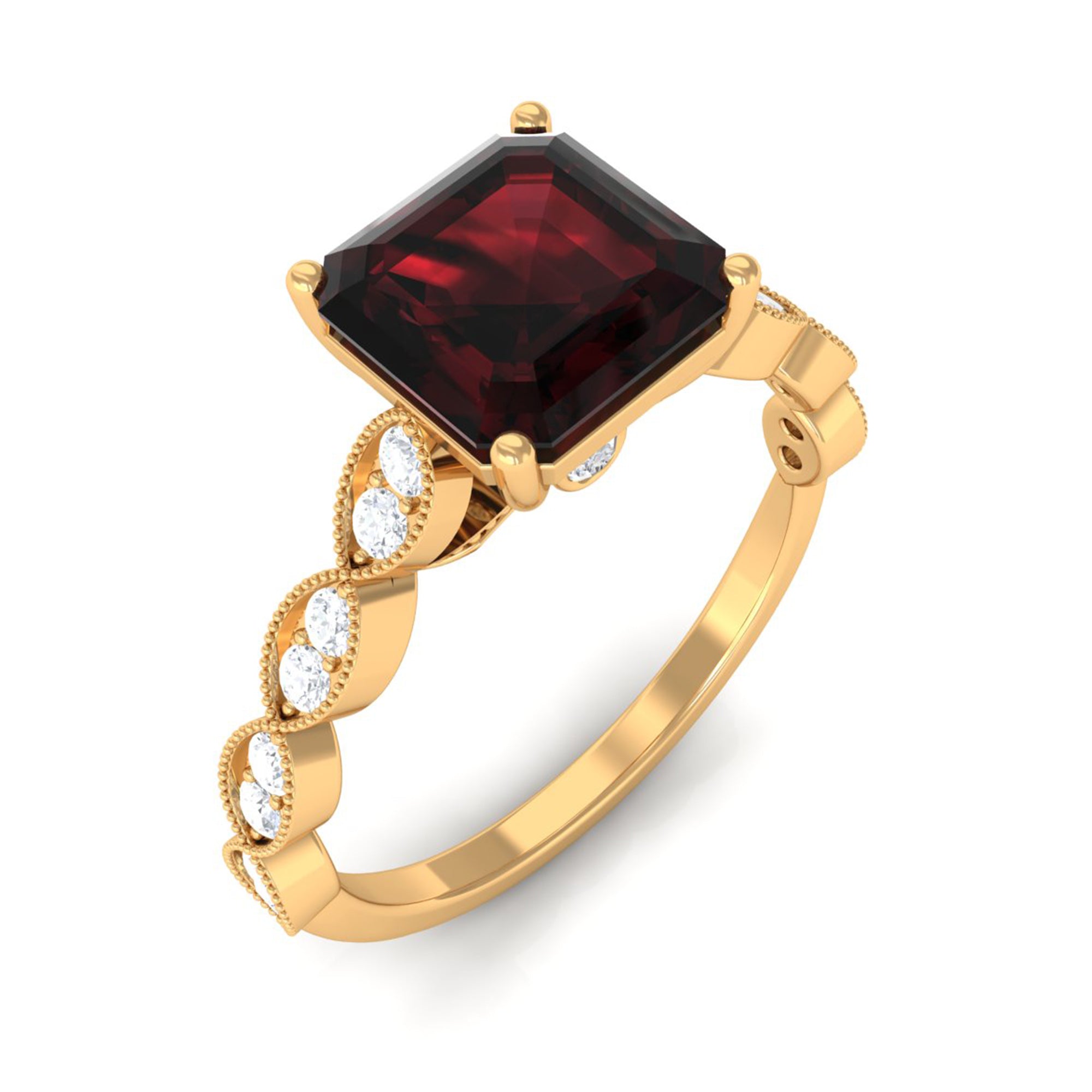 Real 8mm Asscher Cut Garnet Engagement Ring with Diamond