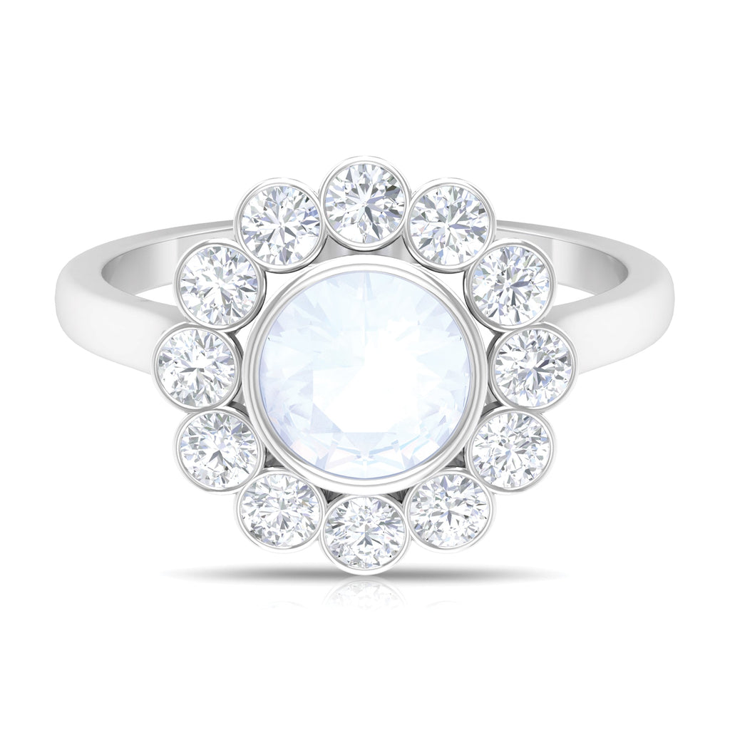 Bezel Set Moonstone Statement Engagement Ring with Diamond Halo