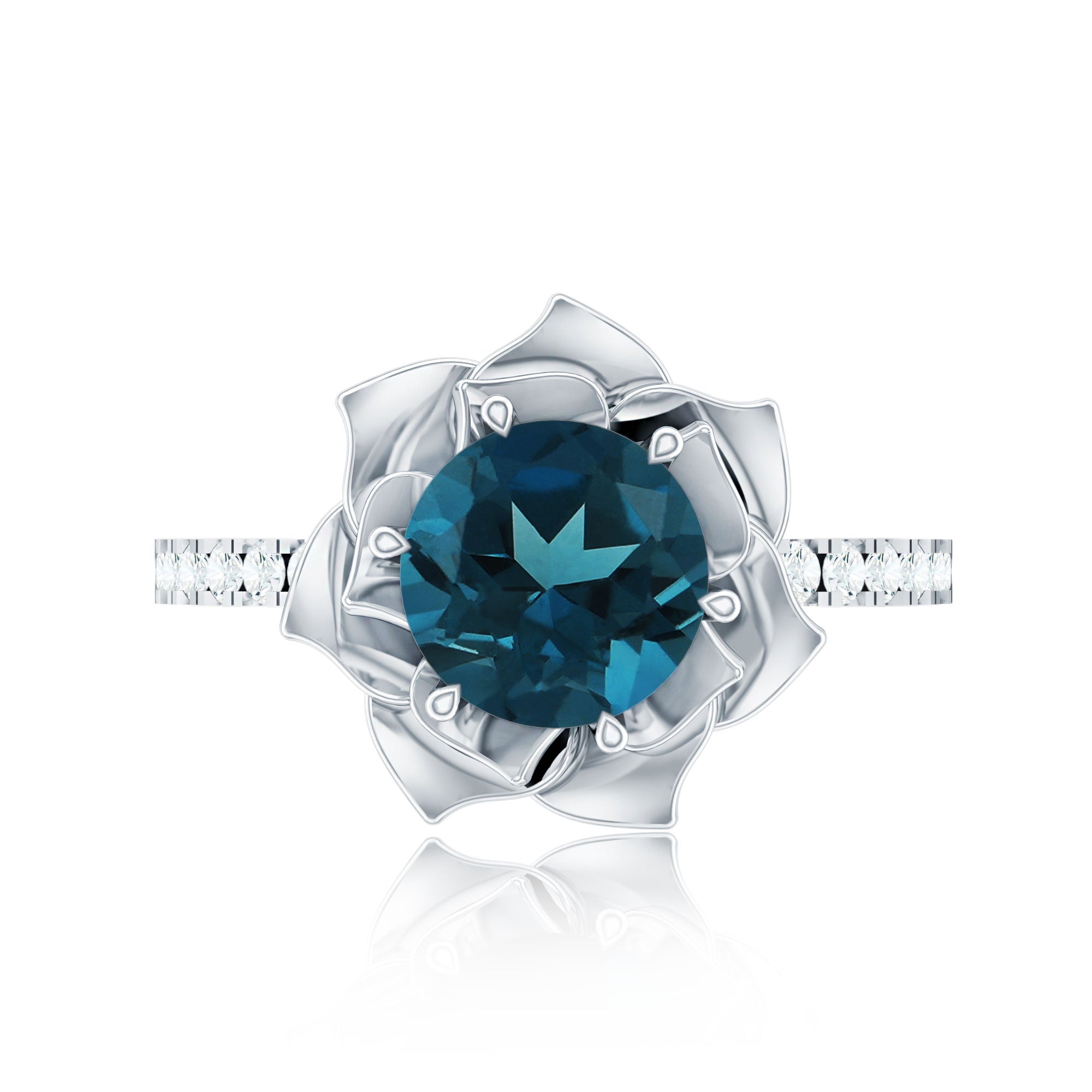 Rose Flower Engagement Ring with London Blue Topaz and Diamond