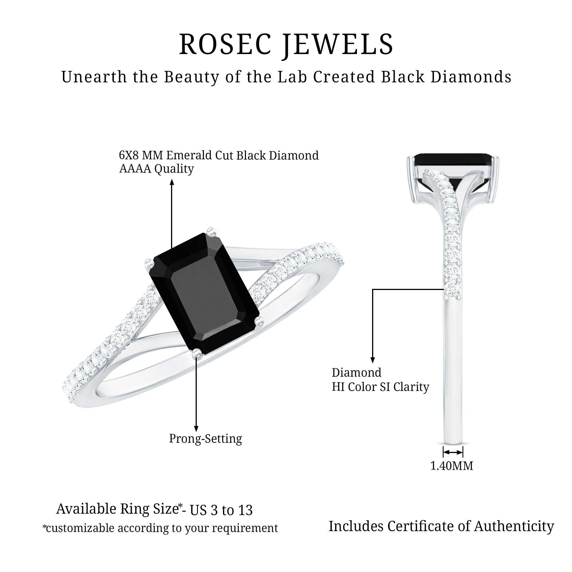 8X10MM Emerald Cut Lab Created Black Diamond Engagement Ring
