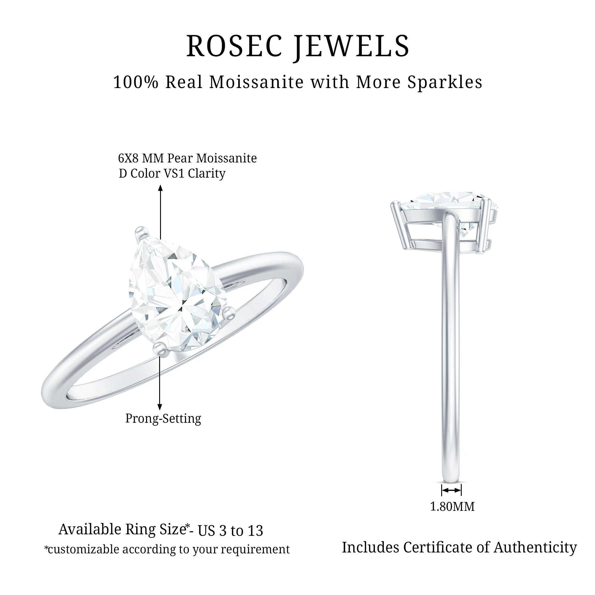Solitaire Moissanite Teardrop Engagement Ring for Women