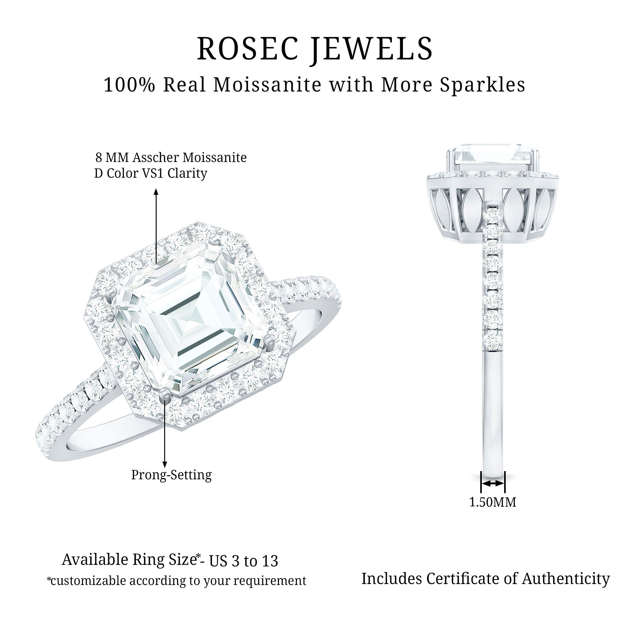 Certified Asscher Cut Moissanite Halo Engagement Ring for Women