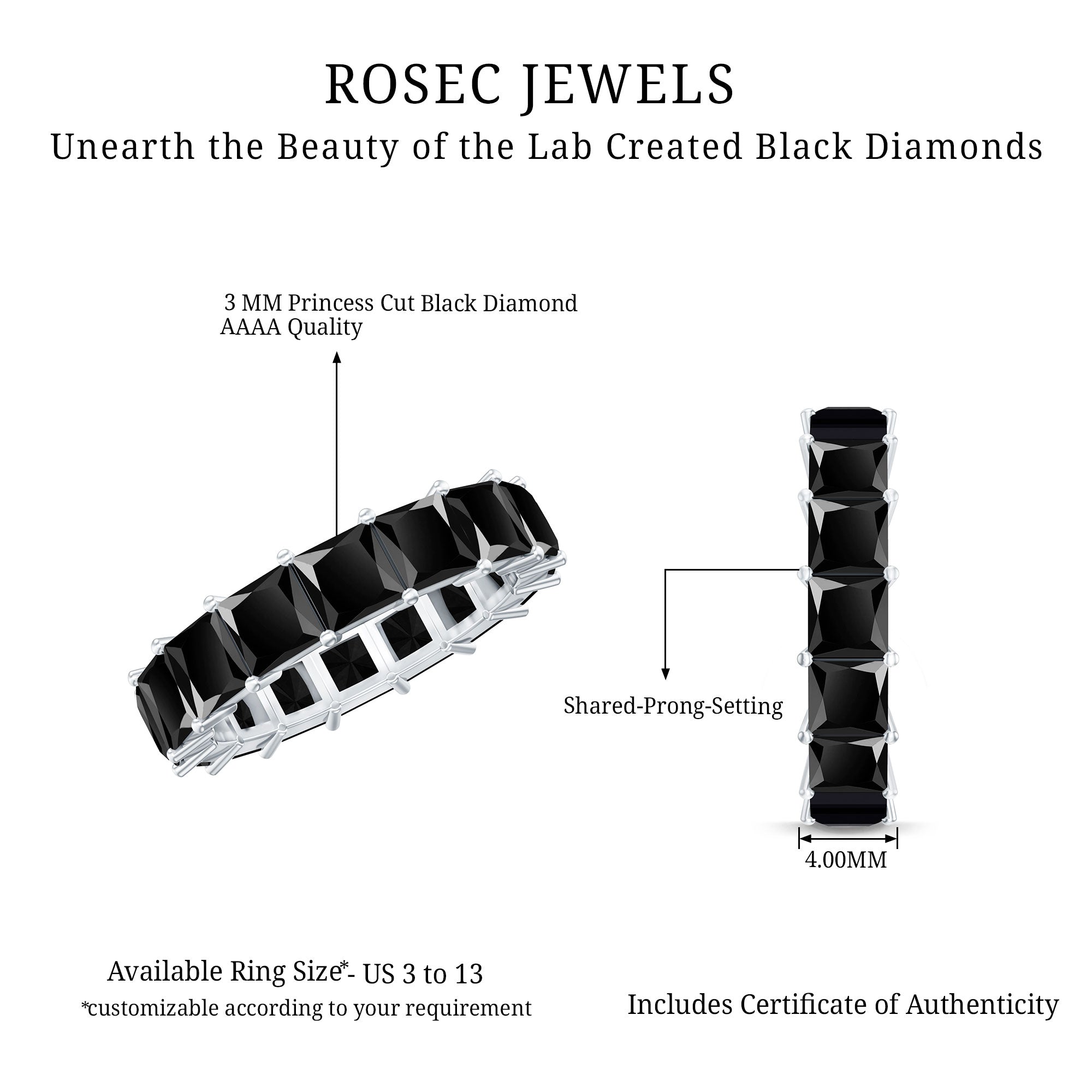 Certified Princess Cut Lab Grown Black Diamond Eternity Ring for Women