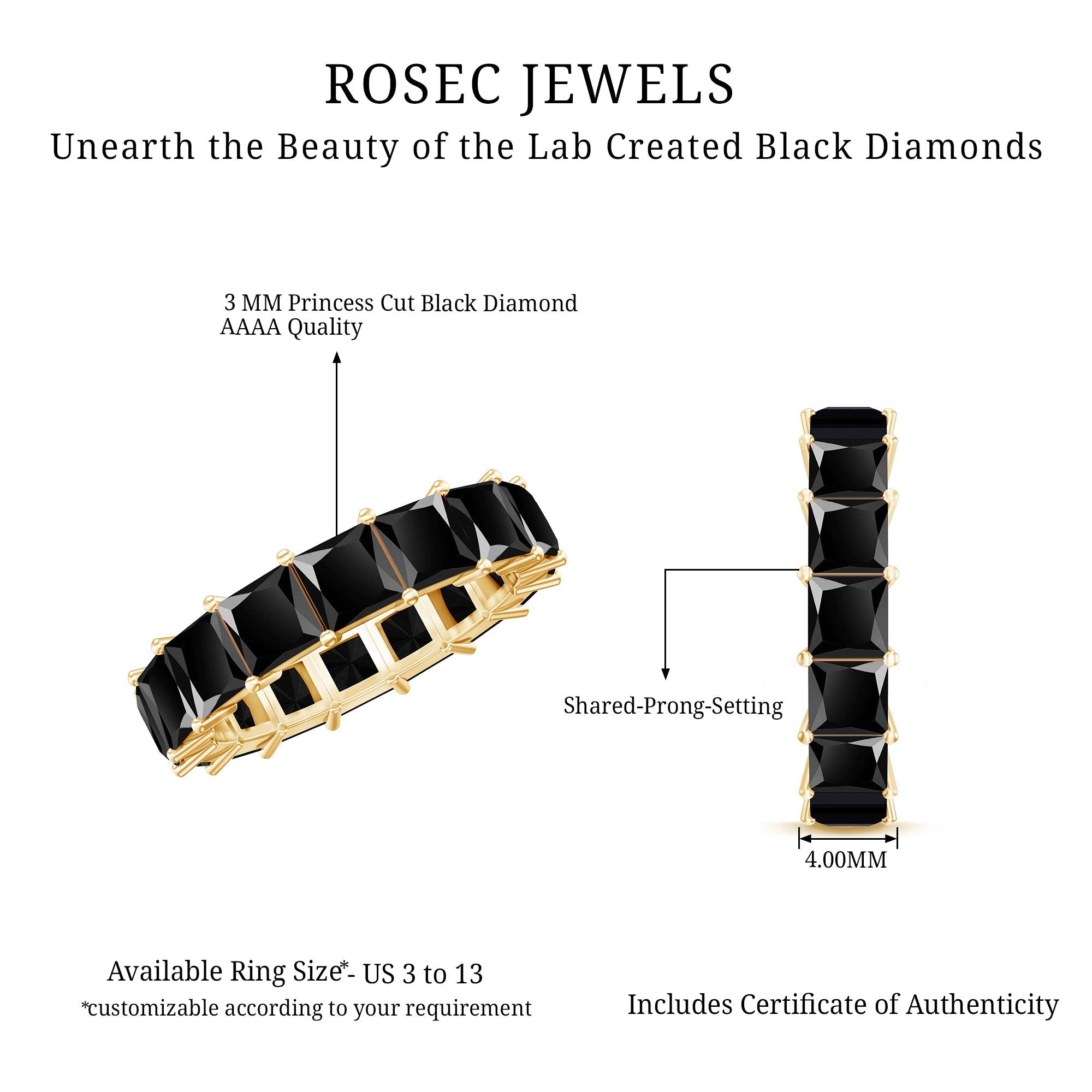 Certified Princess Cut Lab Grown Black Diamond Eternity Ring for Women