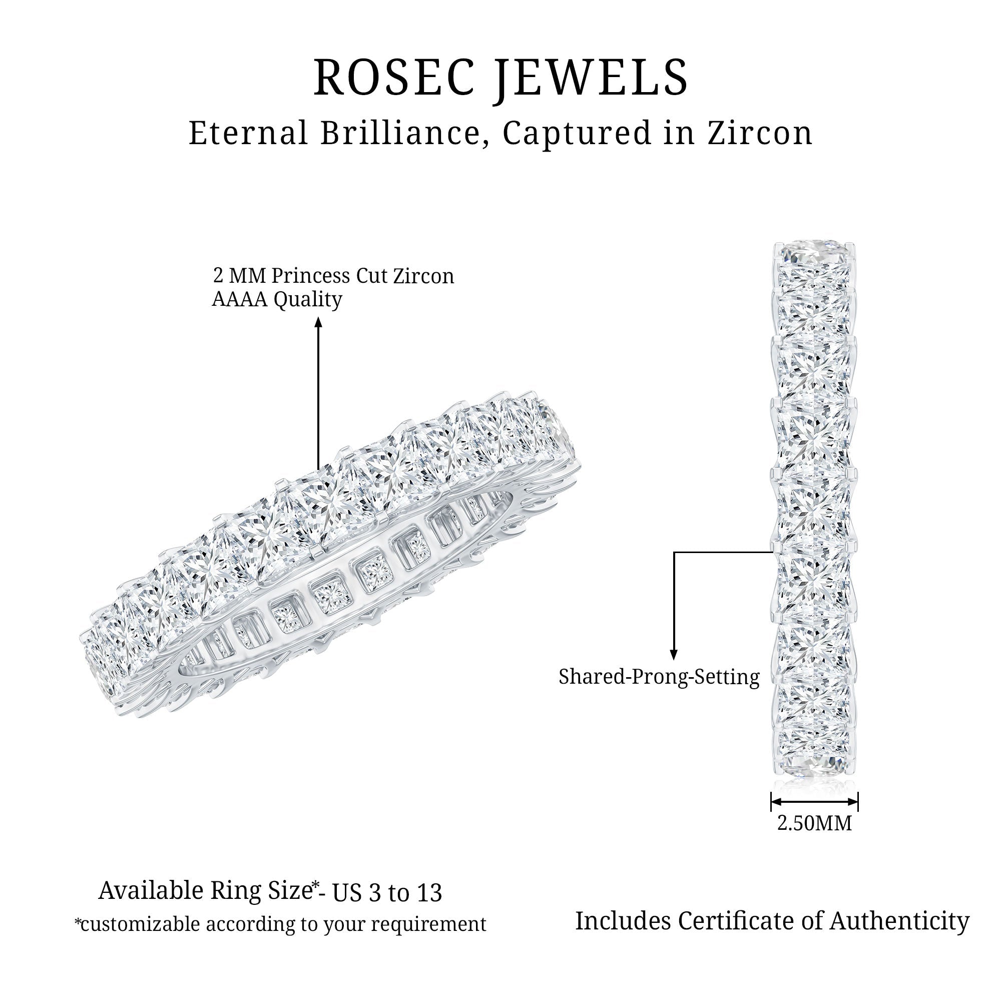 Princess Cut Cubic Zirconia Eternity Wedding Band Ring with Certificate