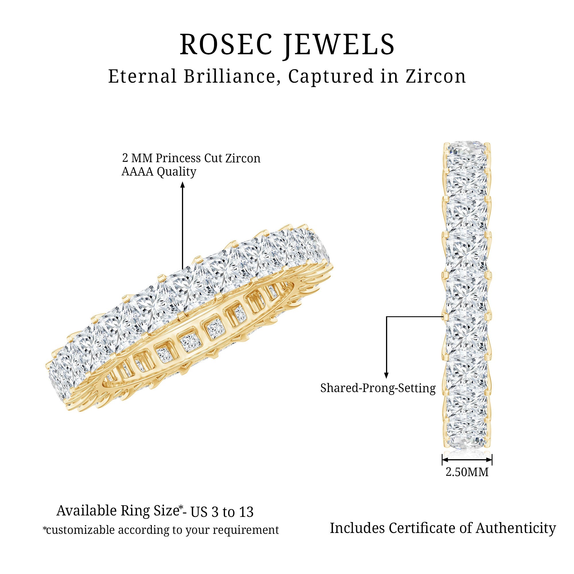 Princess Cut Cubic Zirconia Eternity Wedding Band Ring with Certificate