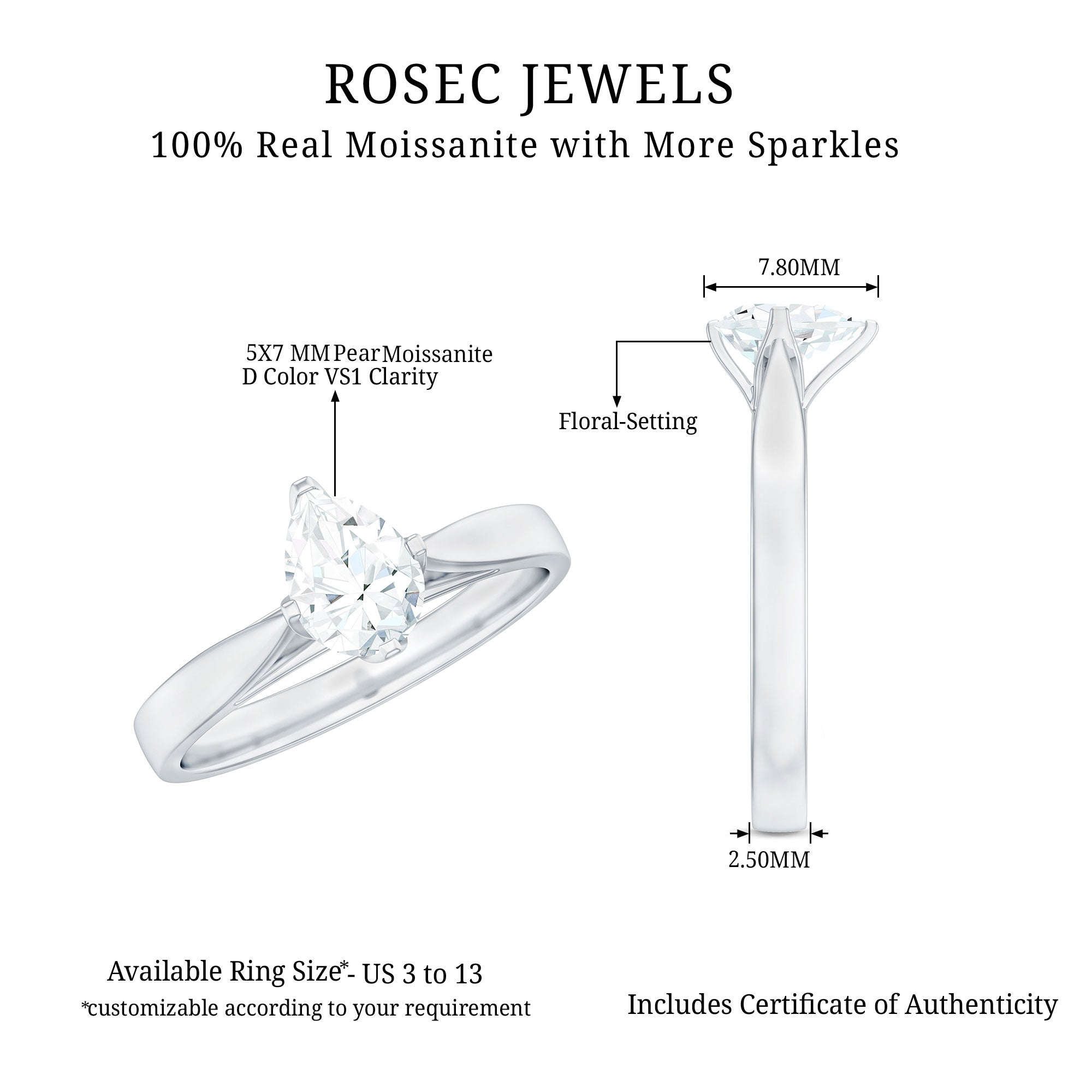 Certified Pear Shaped 0.7 Carat Moissanite Solitaire Engagement Ring