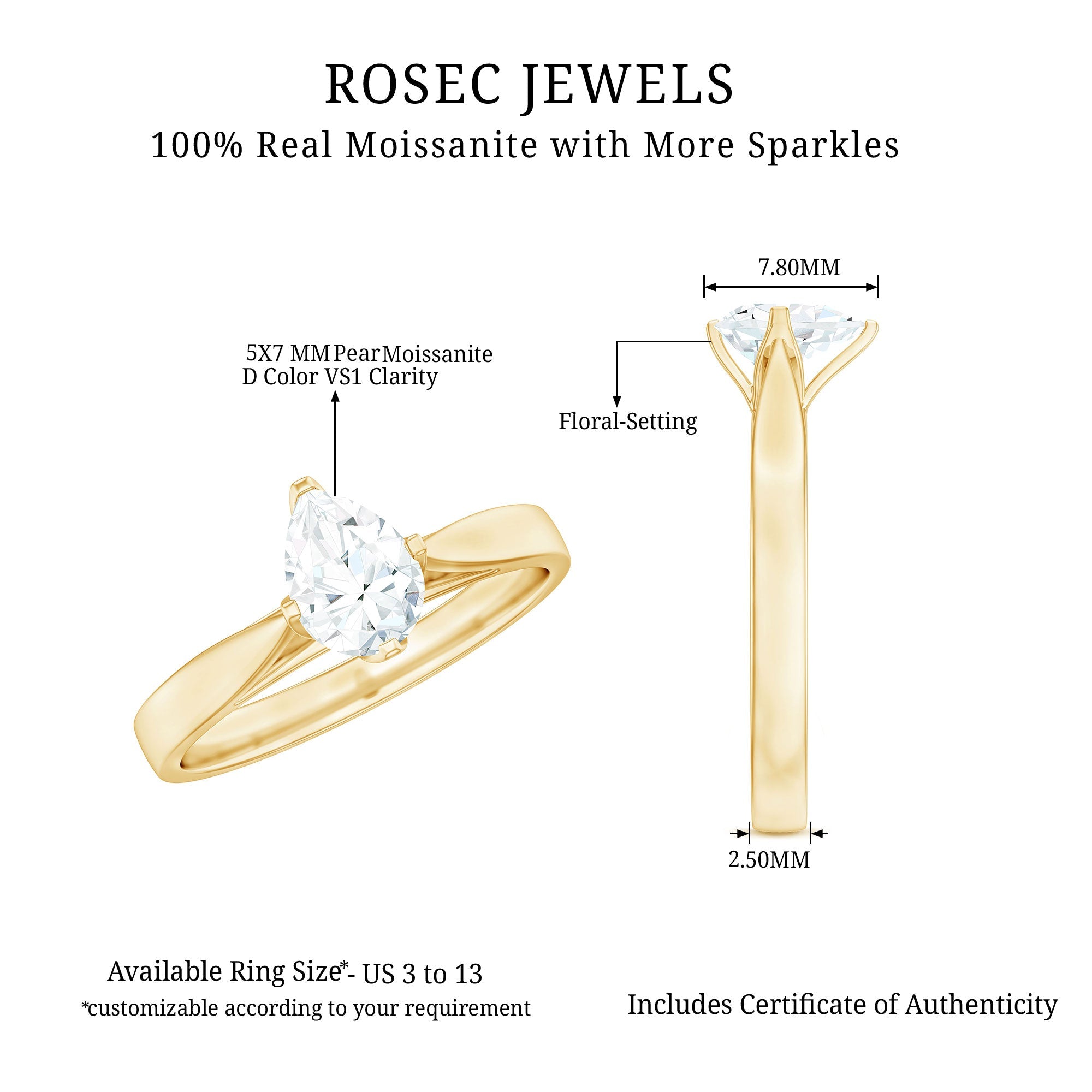 Certified Pear Shaped 0.7 Carat Moissanite Solitaire Engagement Ring