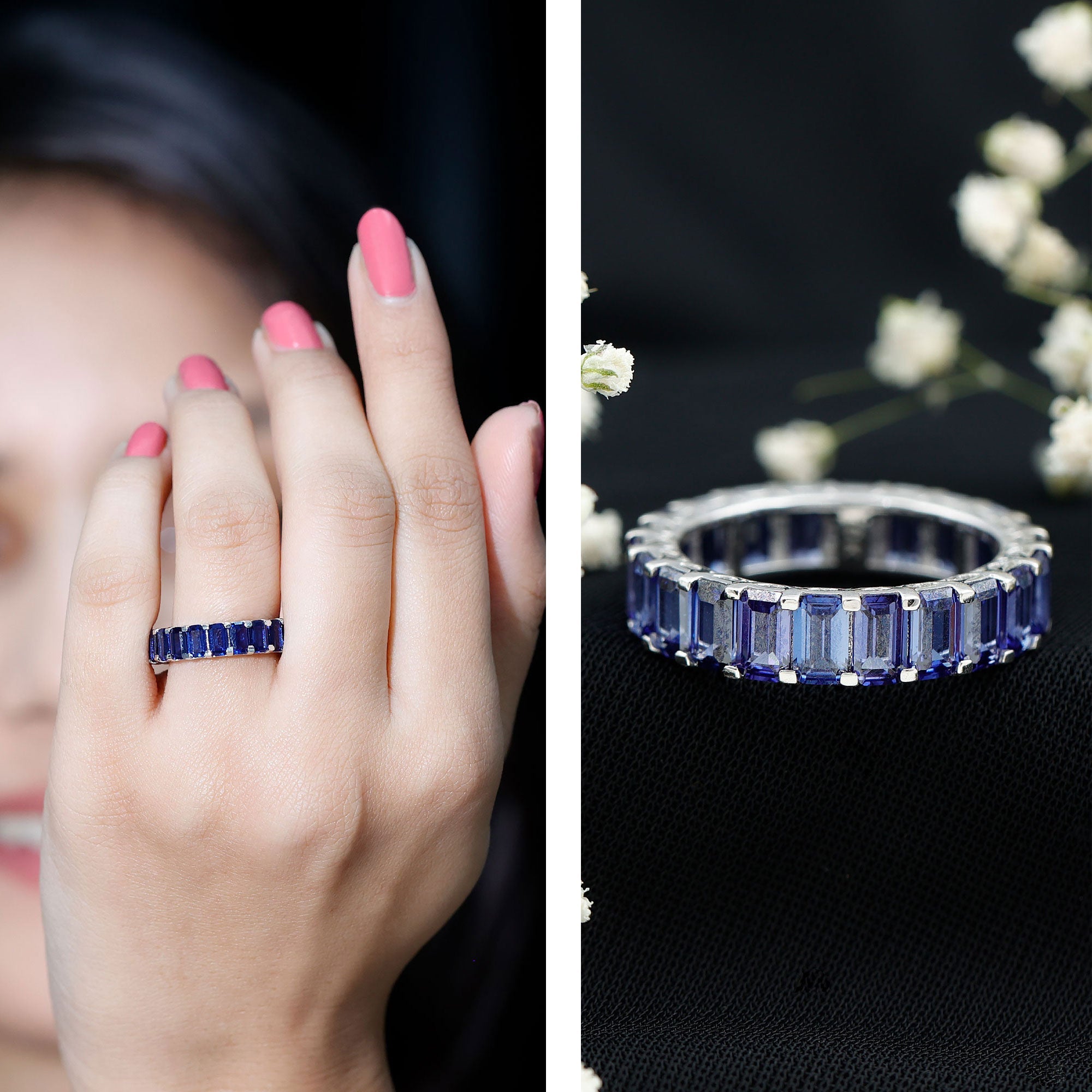 Certified Emerald Cut Lab Grown Blue Sapphire Eternity Band Ring