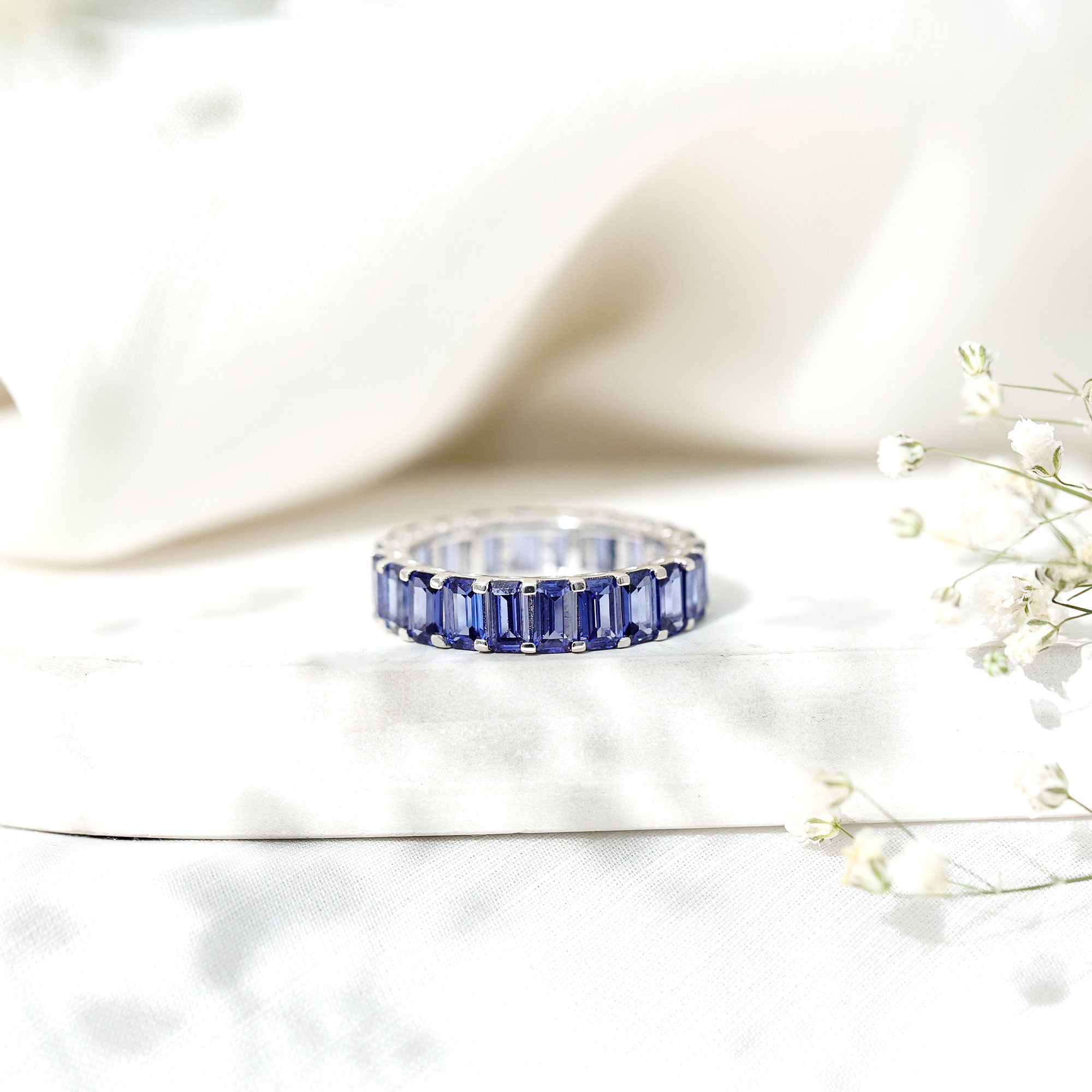 Certified Emerald Cut Lab Grown Blue Sapphire Eternity Band Ring