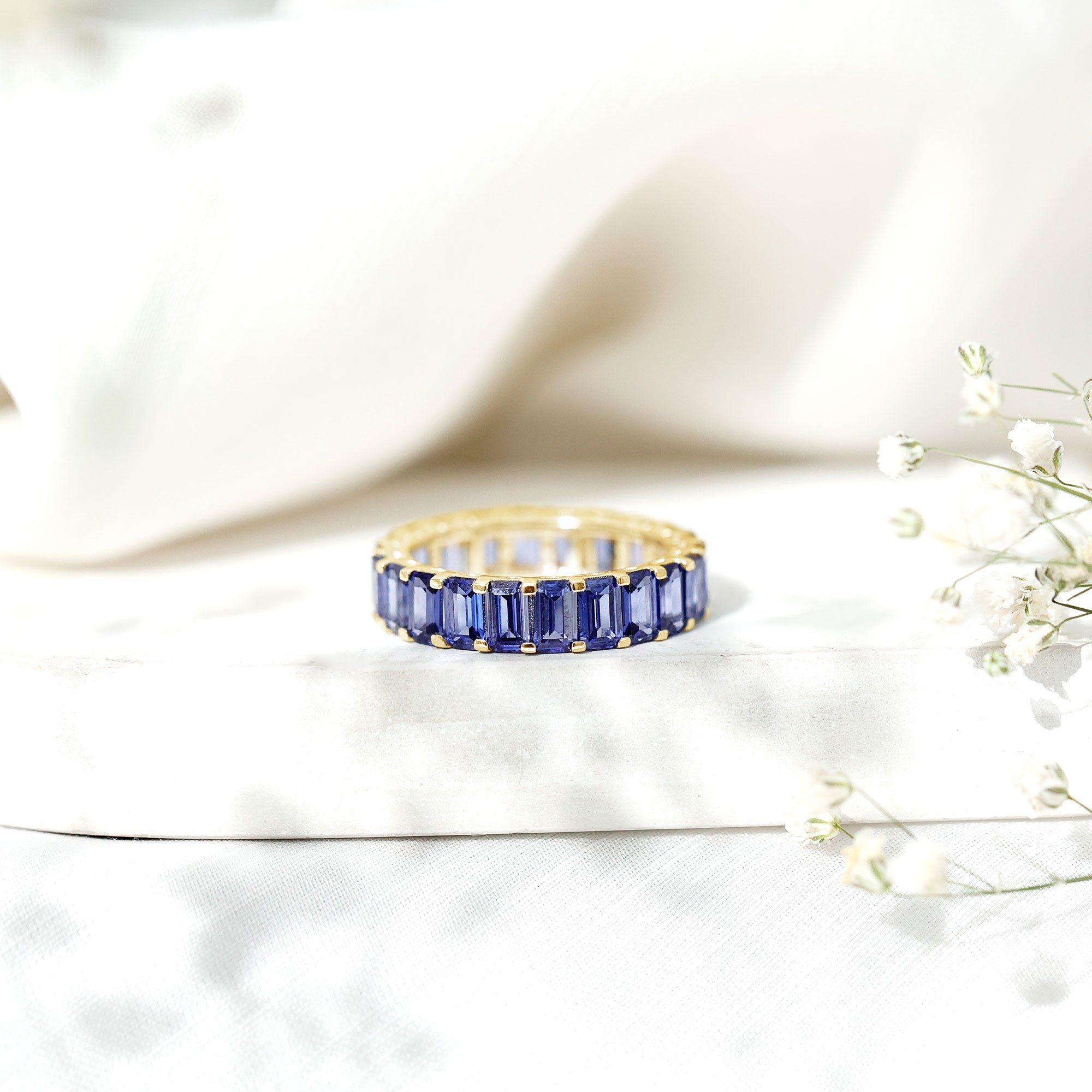 Certified Emerald Cut Lab Grown Blue Sapphire Eternity Band Ring