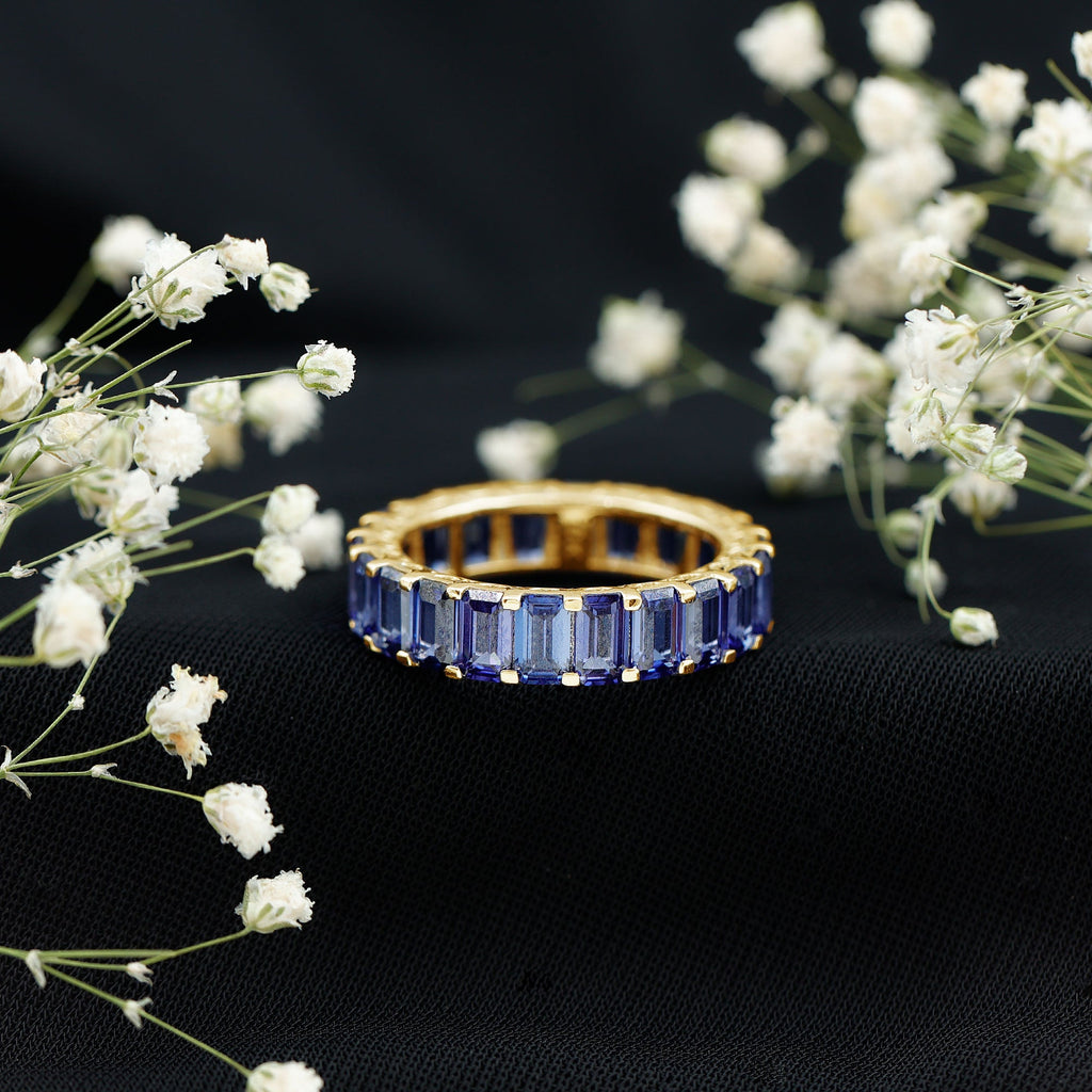 Certified Emerald Cut Lab Grown Blue Sapphire Eternity Band Ring