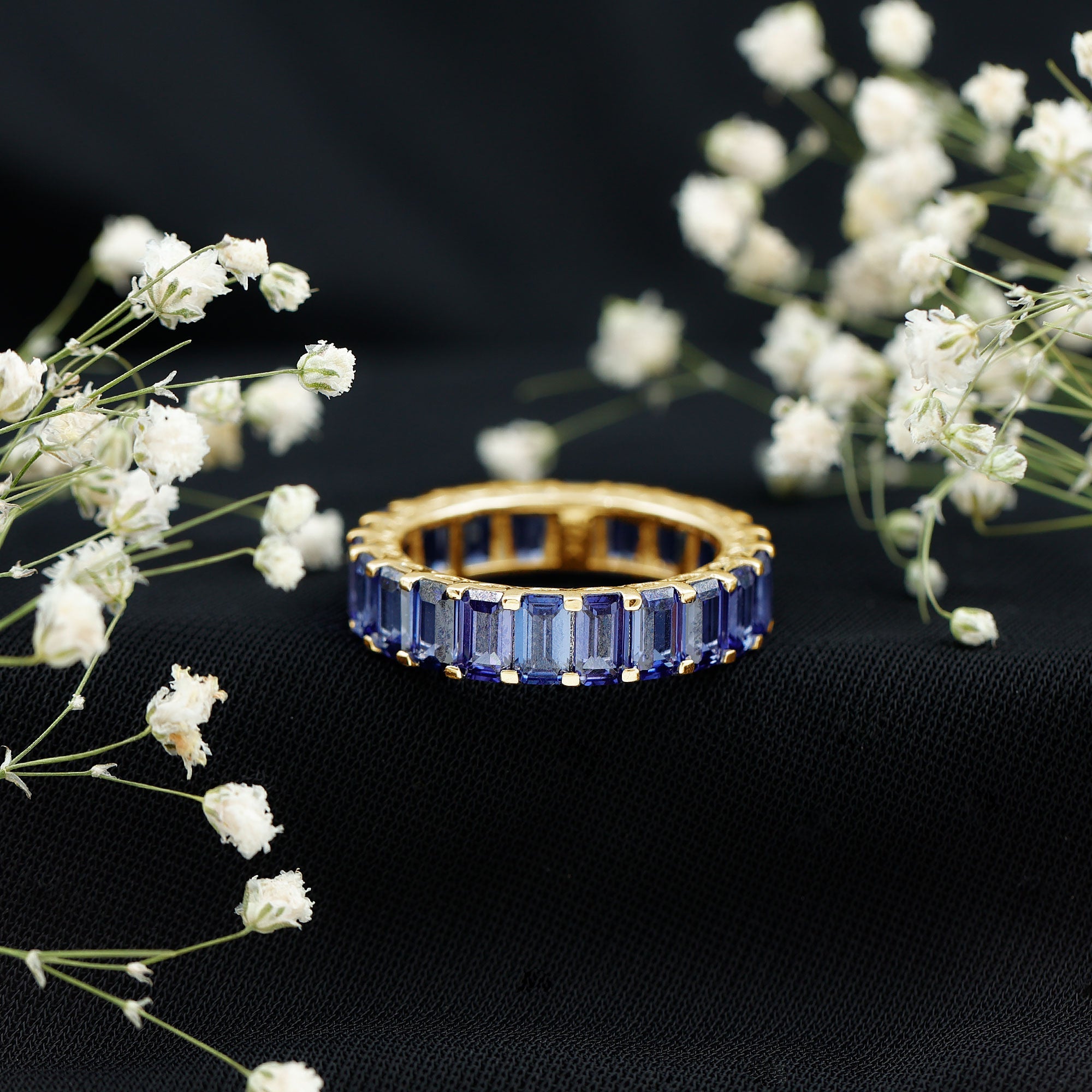 Certified Emerald Cut Lab Grown Blue Sapphire Eternity Band Ring