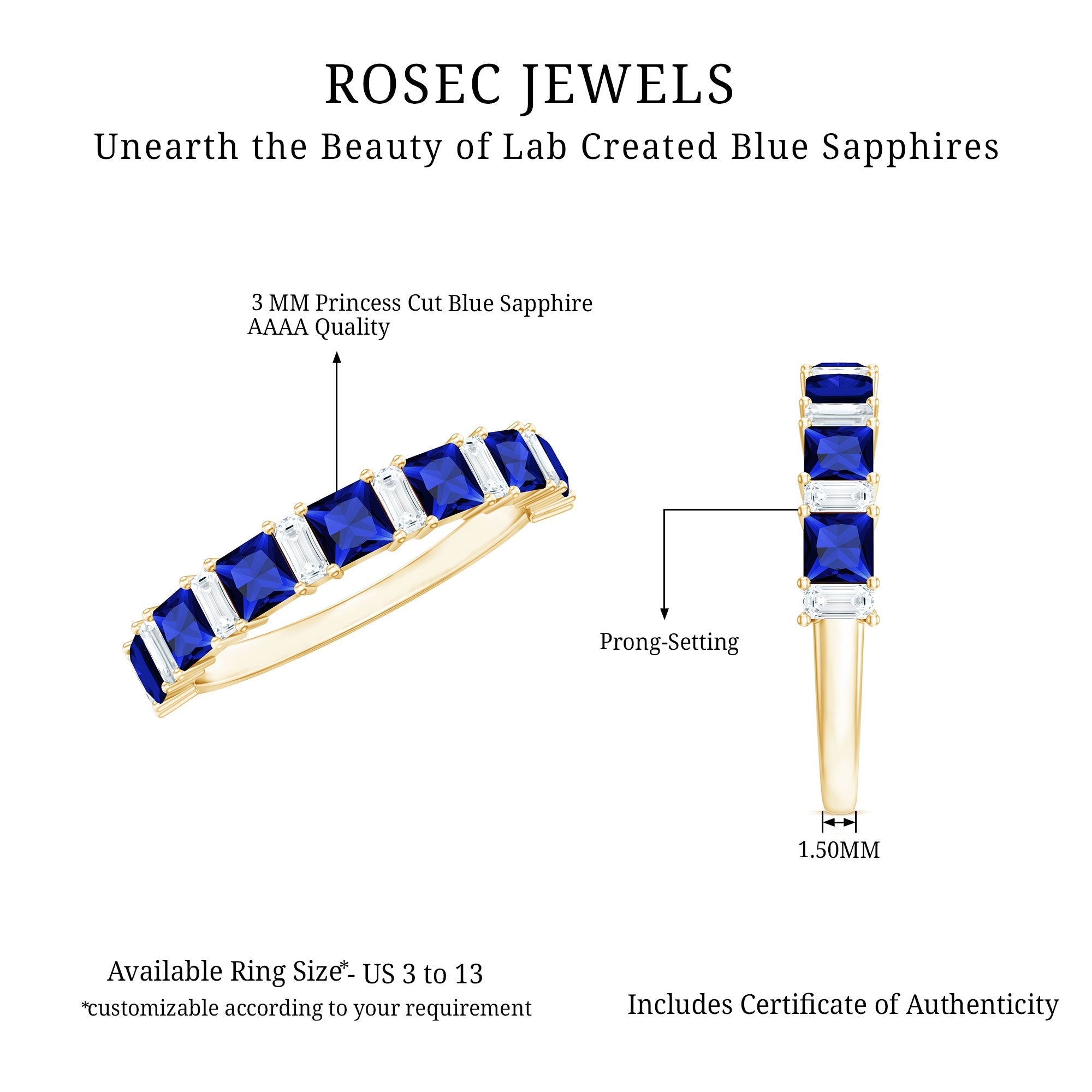 Princess Cut Lab Grown Blue Sapphire Half Eternity Ring with Diamond