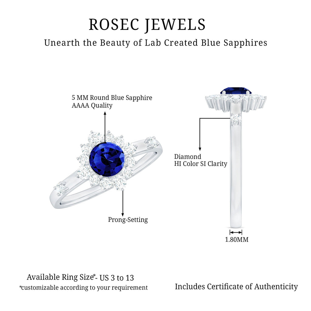 5mm Round Lab Created Blue Sapphire Classic Halo Ring with Diamond