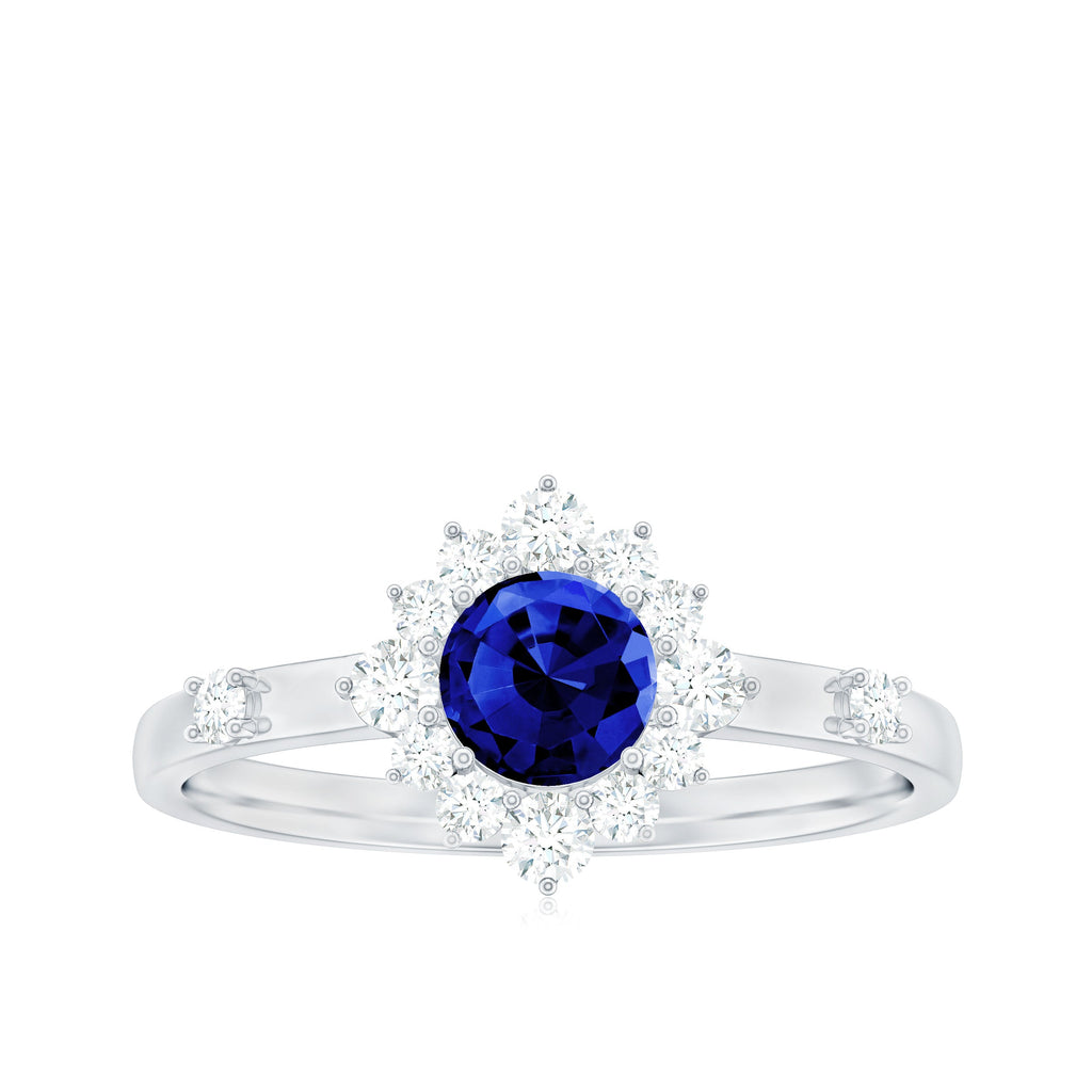 5mm Round Lab Created Blue Sapphire Classic Halo Ring with Diamond