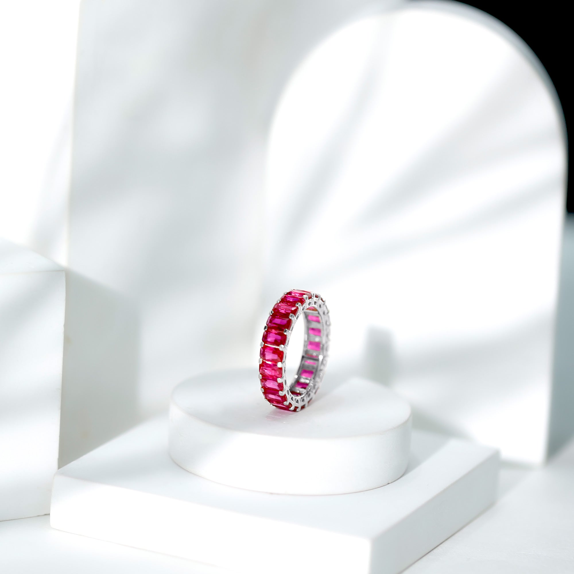 Emerald Cut Lab Grown Ruby Full Eternity Wide Band Ring