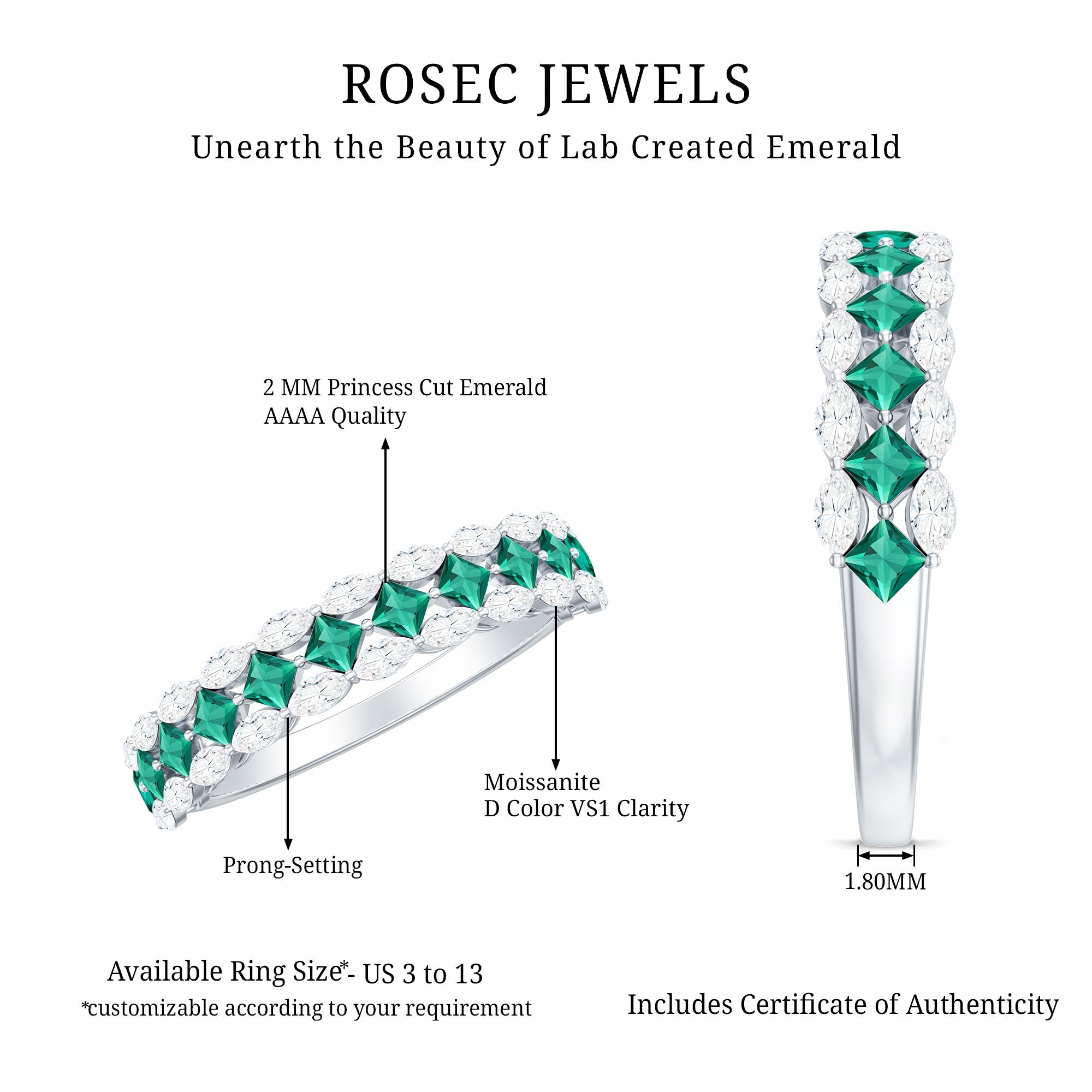 Certified Lab Grown Emerald Half Eternity Wedding Band