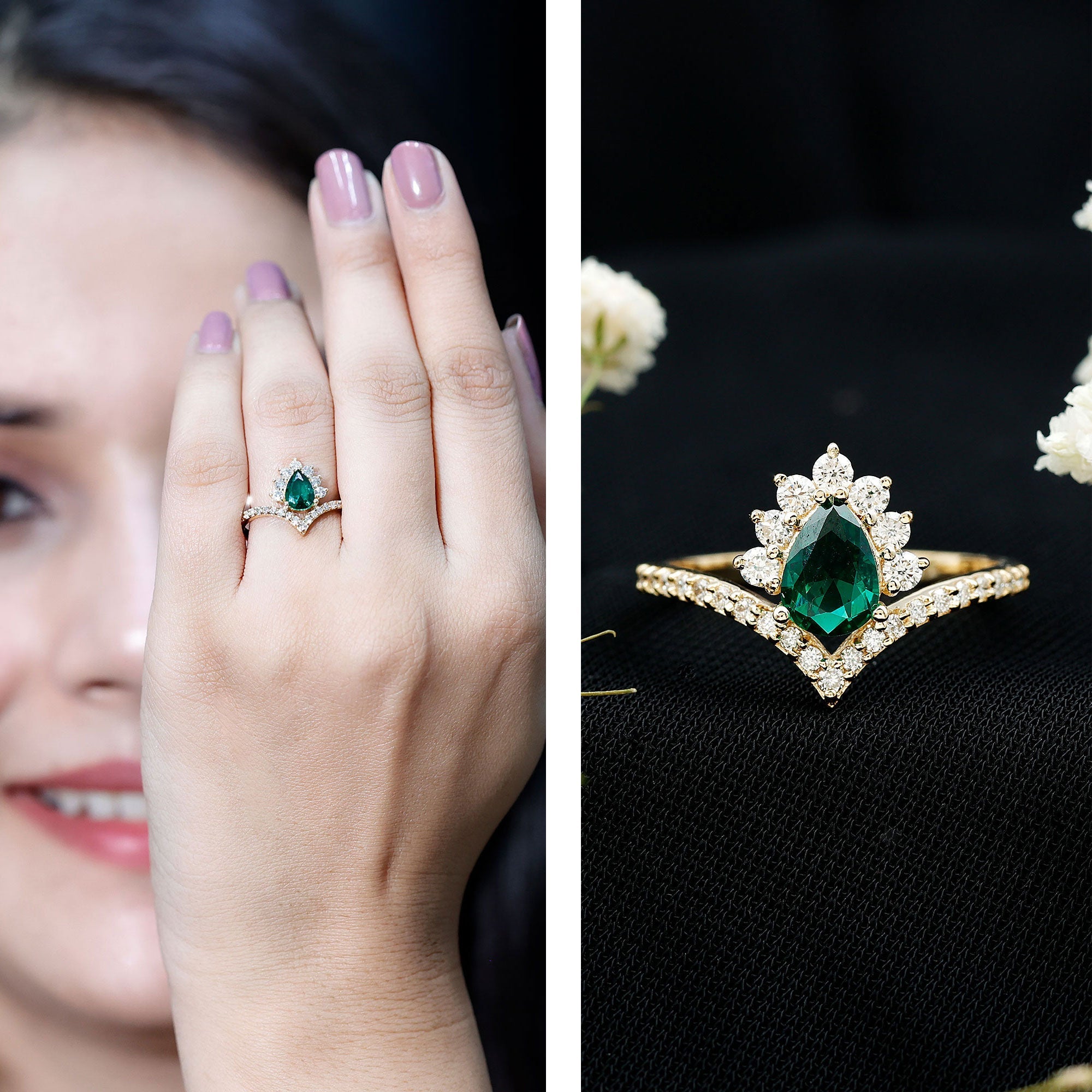 Lab Grown Emerald and Diamond Designer Engagement Ring