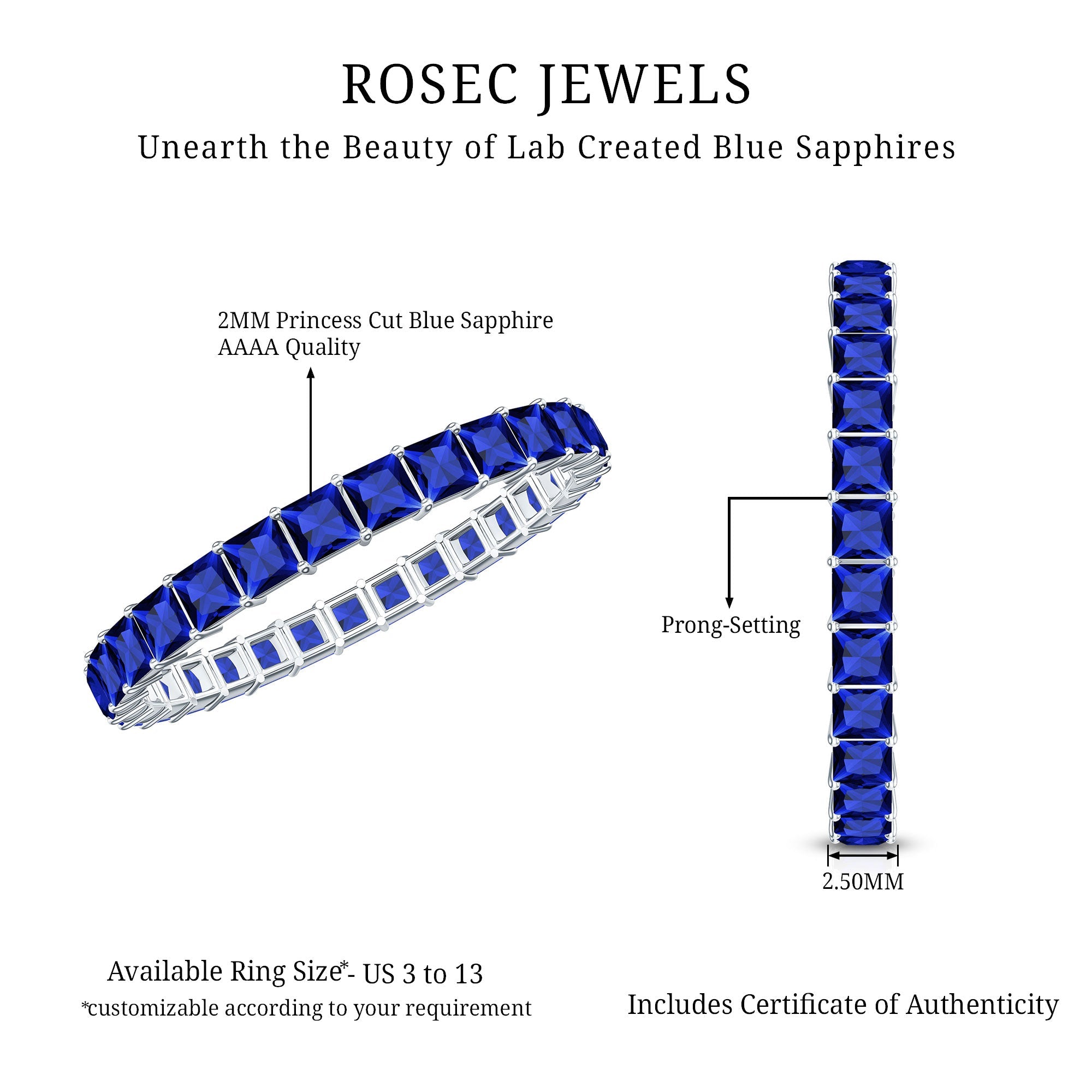 Princess Cut Certified Lab Created Blue Sapphire Full Eternity Ring